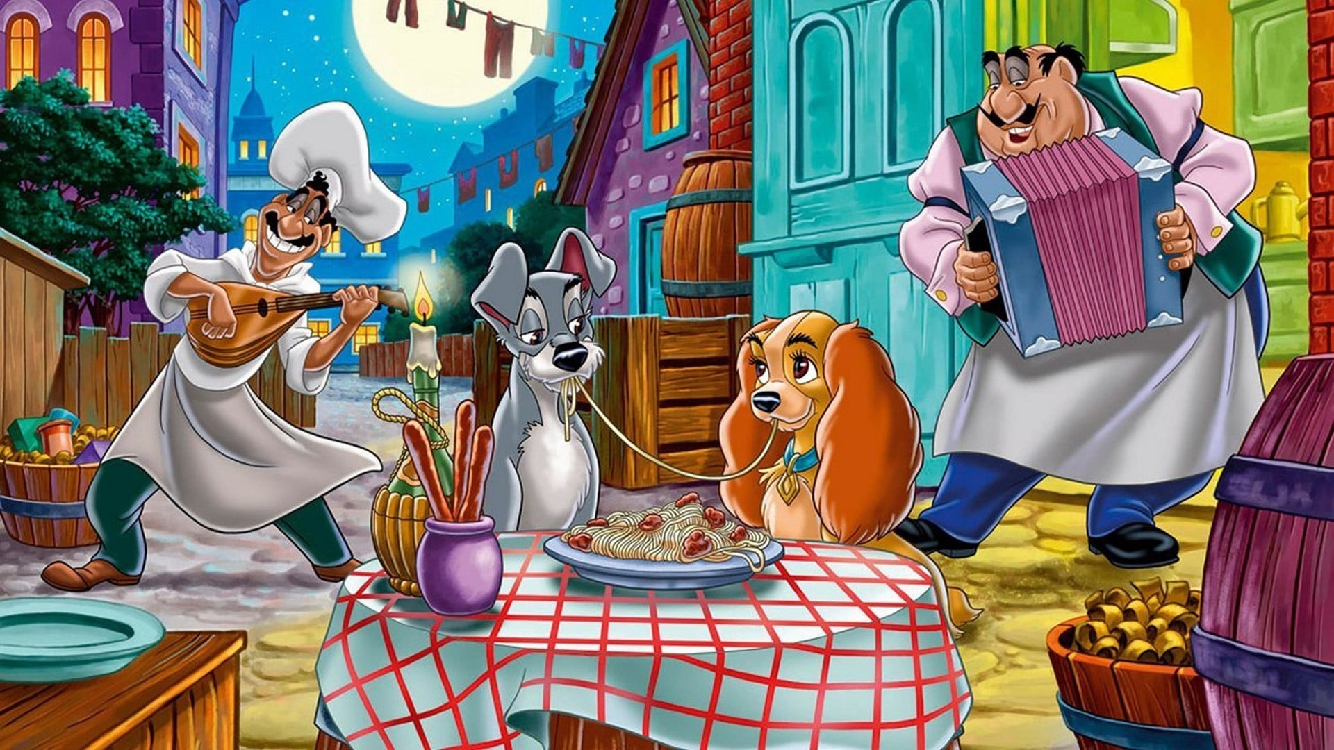 Lady and the Tramp, Vintage movie backdrops, Disney animation, Classic romance, 1920x1080 Full HD Desktop