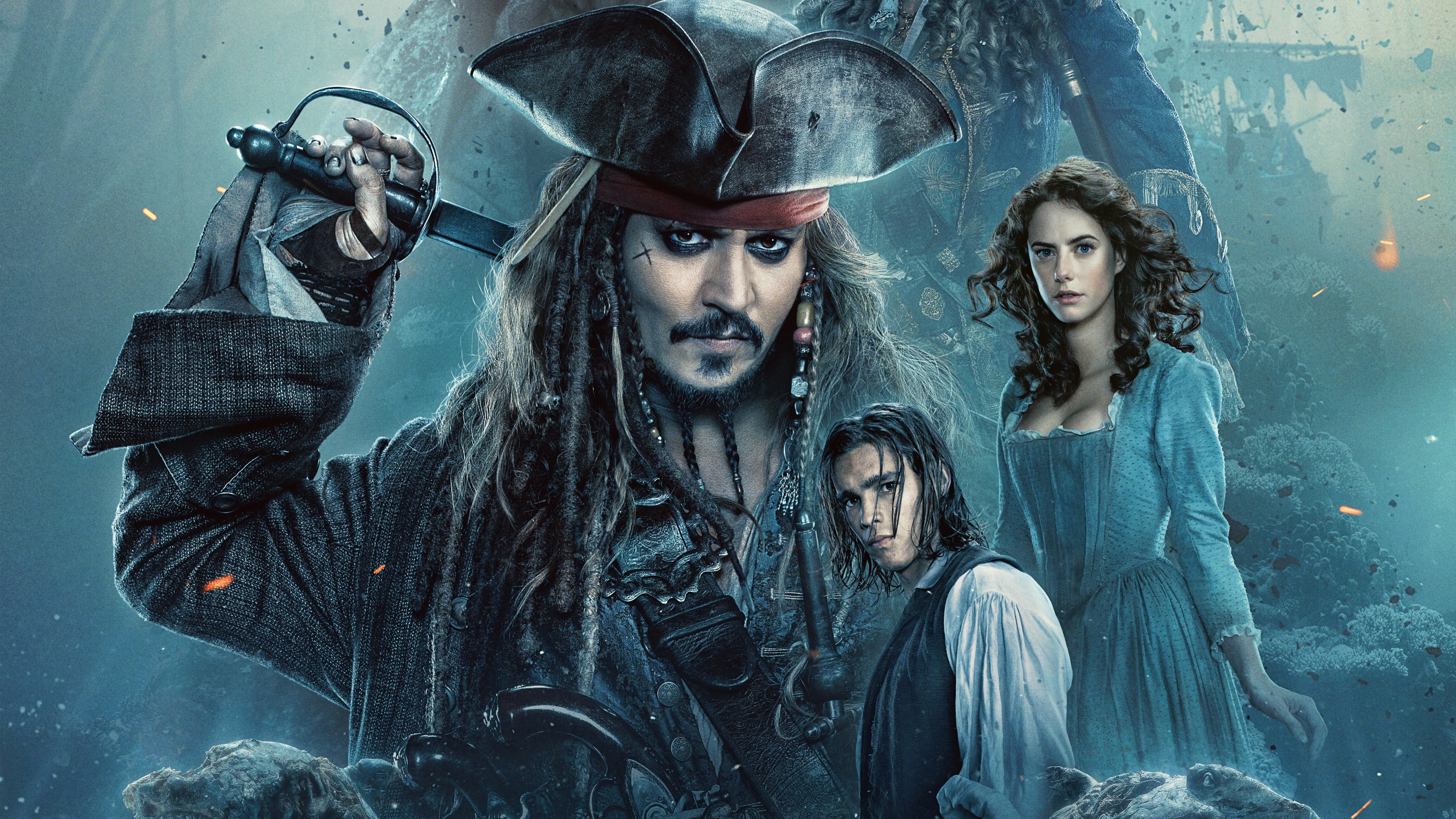 Johnny Depp: The adventures of Captain Jack Sparrow, Pirates of the Caribbean, Kaya Scodelario, Brenton Thwaites. 3840x2160 4K Background.