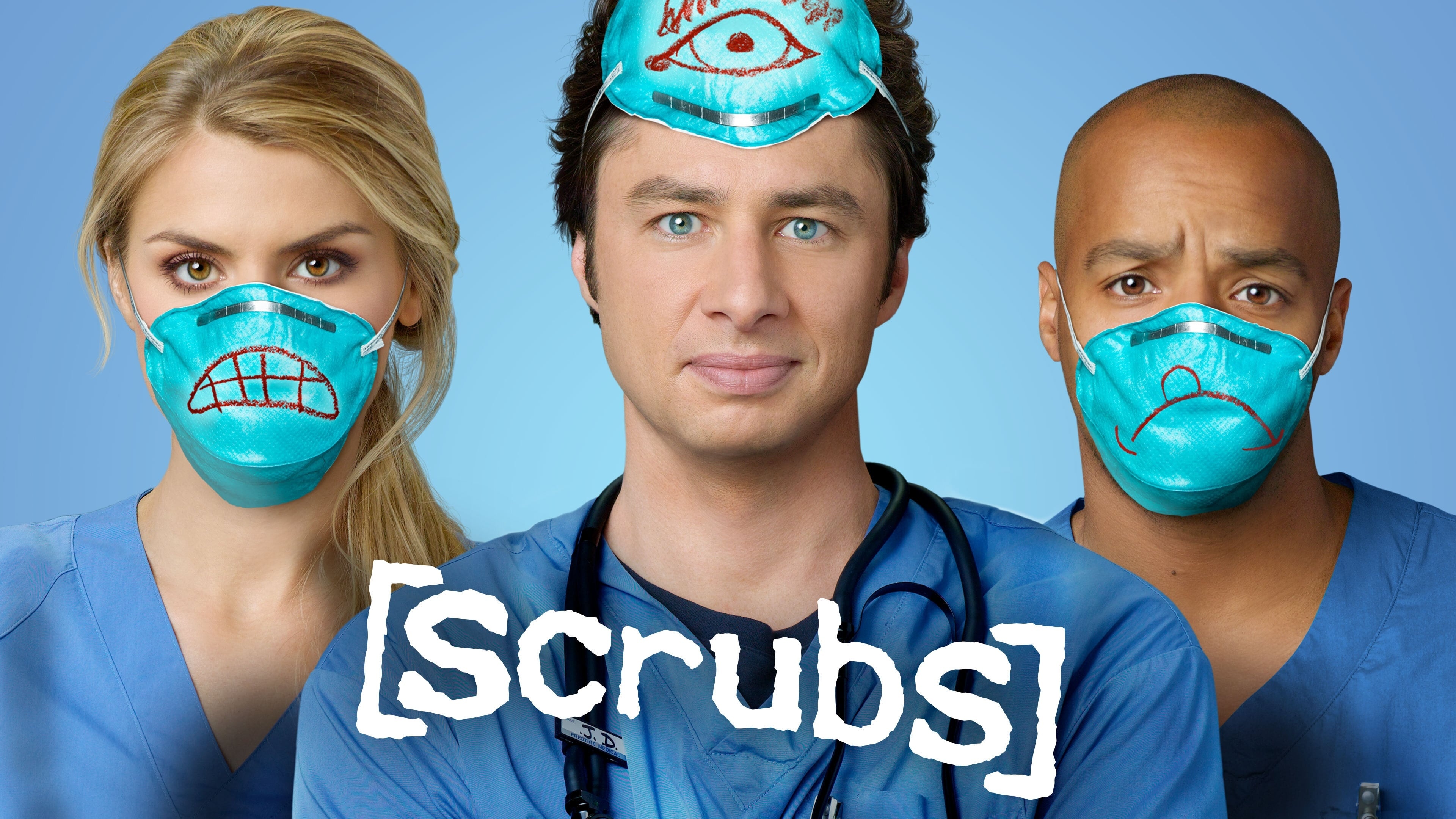 Scrubs (TV Series): Zach Braff as John Michael "J.D." Dorian, Eliza Coupe as Denise Mahoney, Season 9. 3840x2160 4K Background.