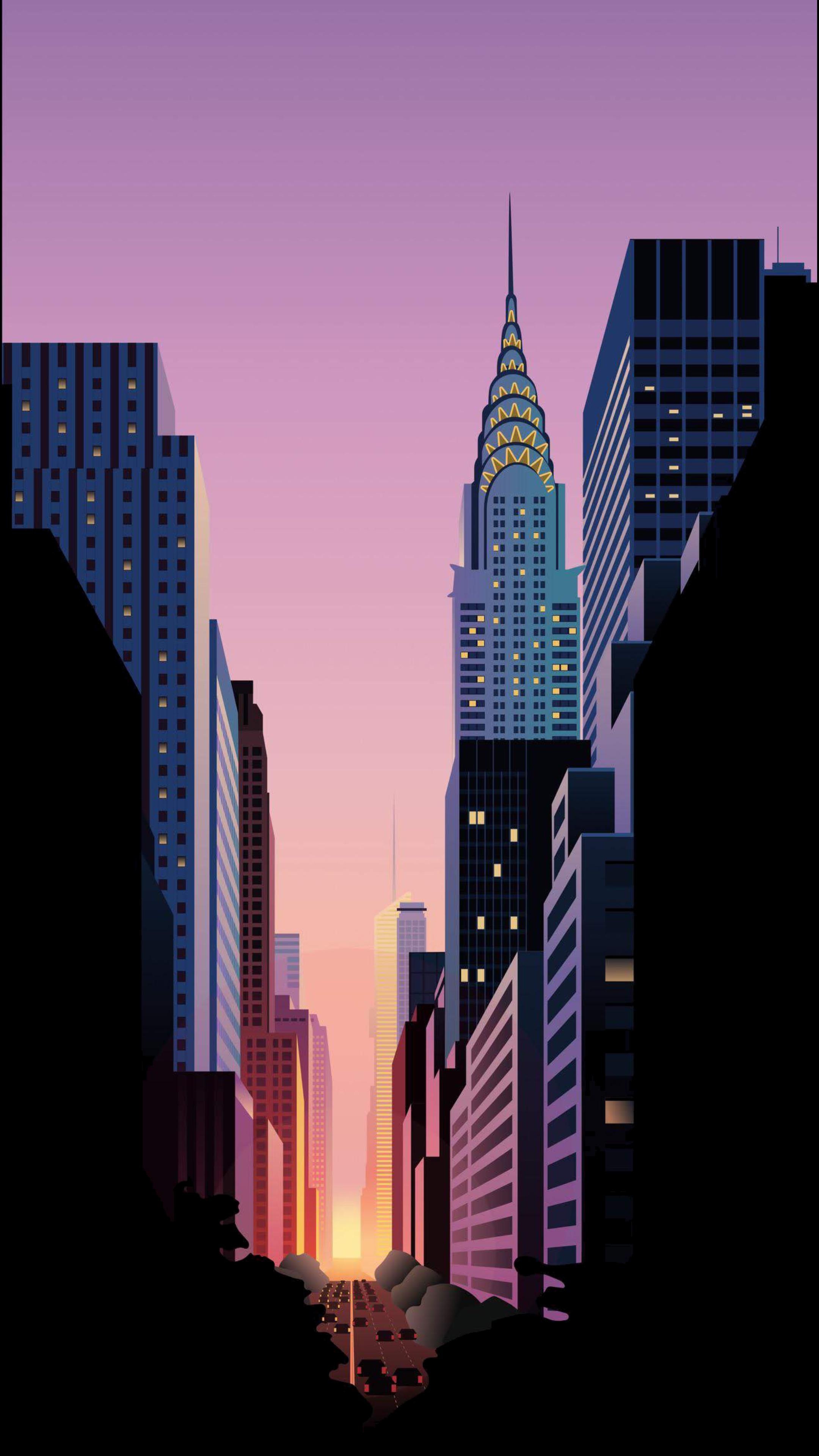 New York: NYC, Sunrise, Minimalist, Illustration. 2160x3840 4K Wallpaper.