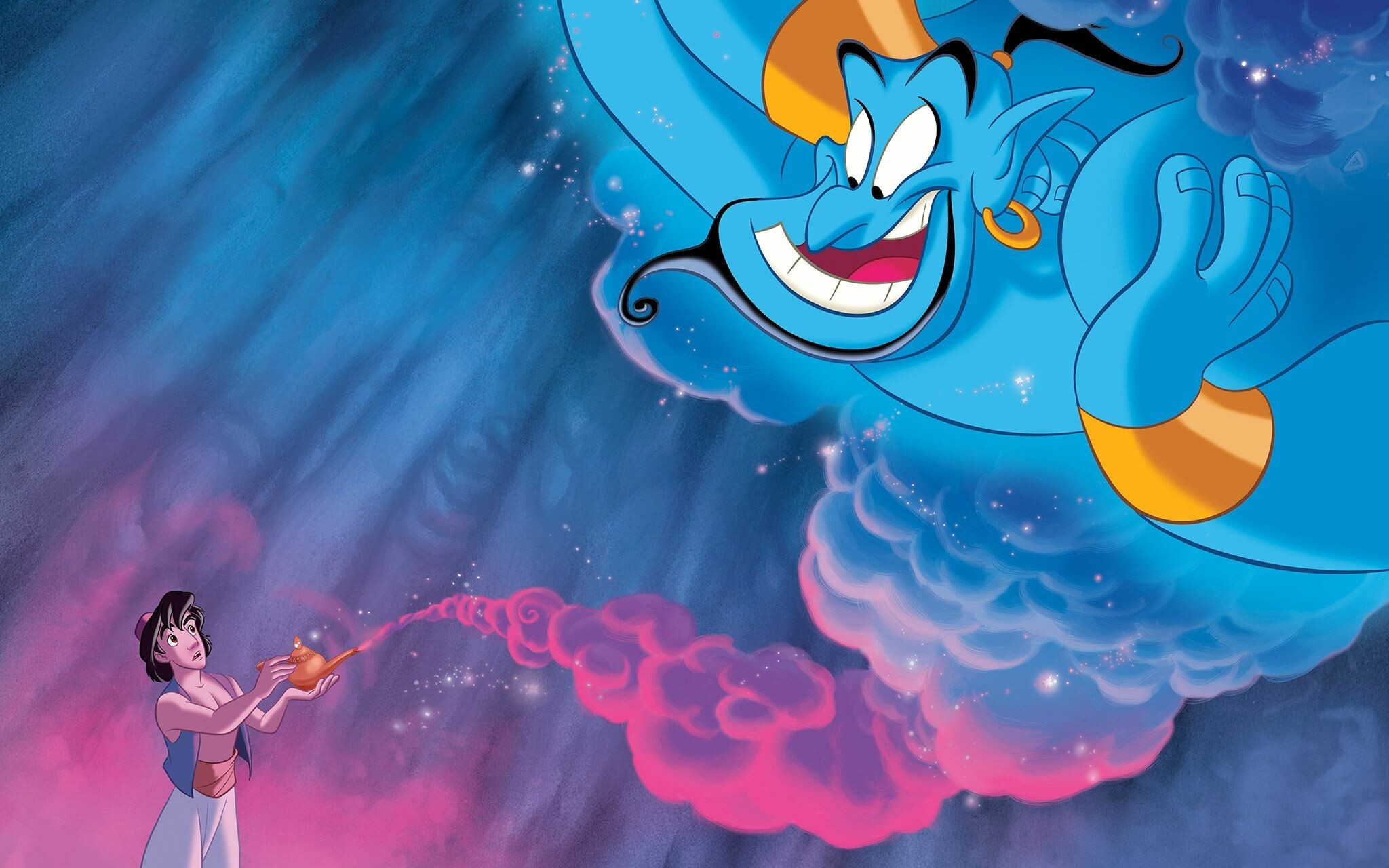 Aladdin (Cartoon): Robin Williams as the Genie, a hyperactive jinn with great power that can only be exercised when his master wishes it. 2050x1280 HD Background.