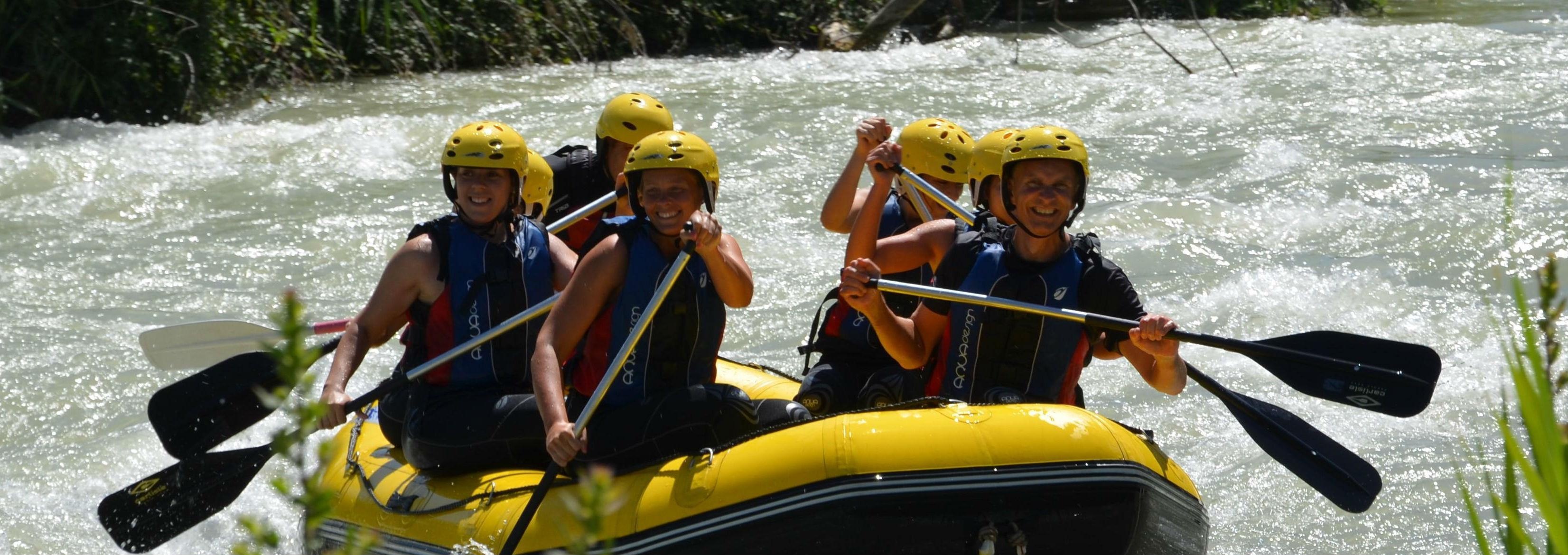 Rafting: Recreational boating activity, Class 1-2 whitewater difficulty that requires basic skills. 3310x1170 Dual Screen Background.
