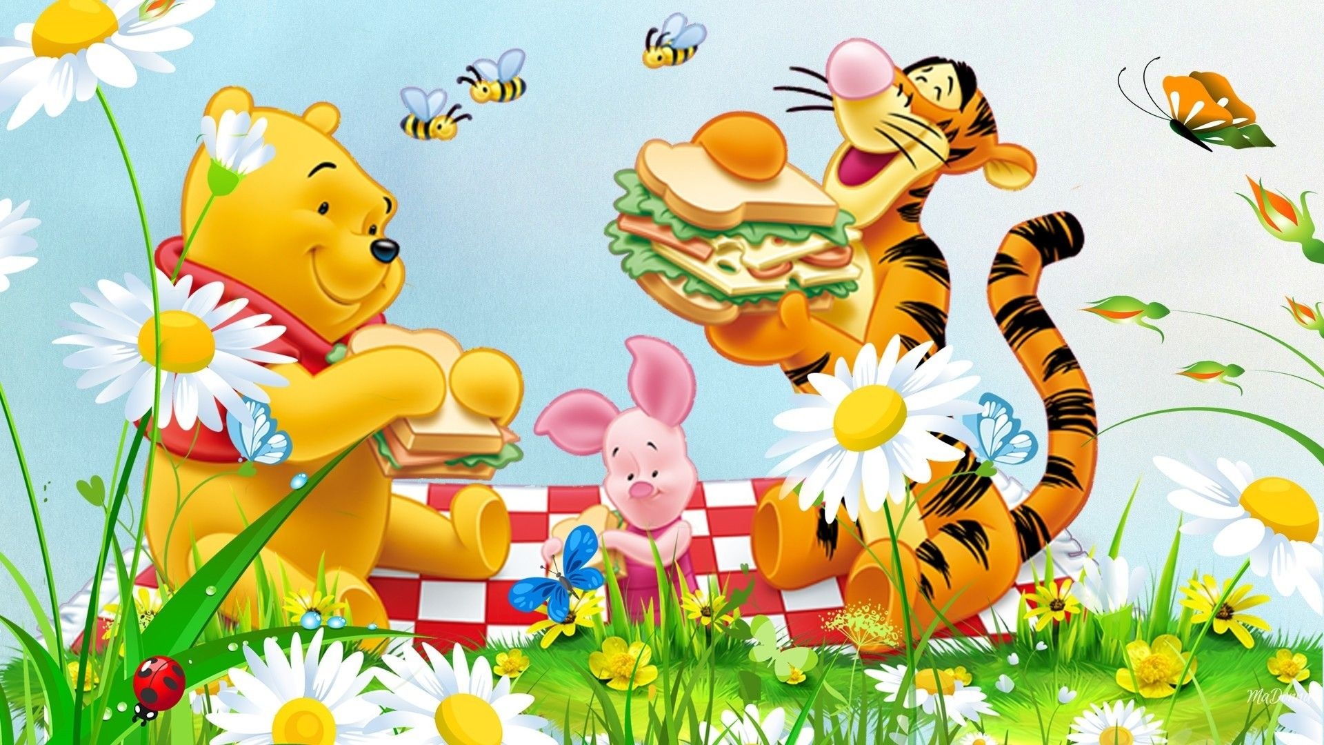 Tigger, Winnie-the-Pooh animation, Picnic flowers grass bee, Winnie the Pooh Tigger, 1920x1080 Full HD Desktop