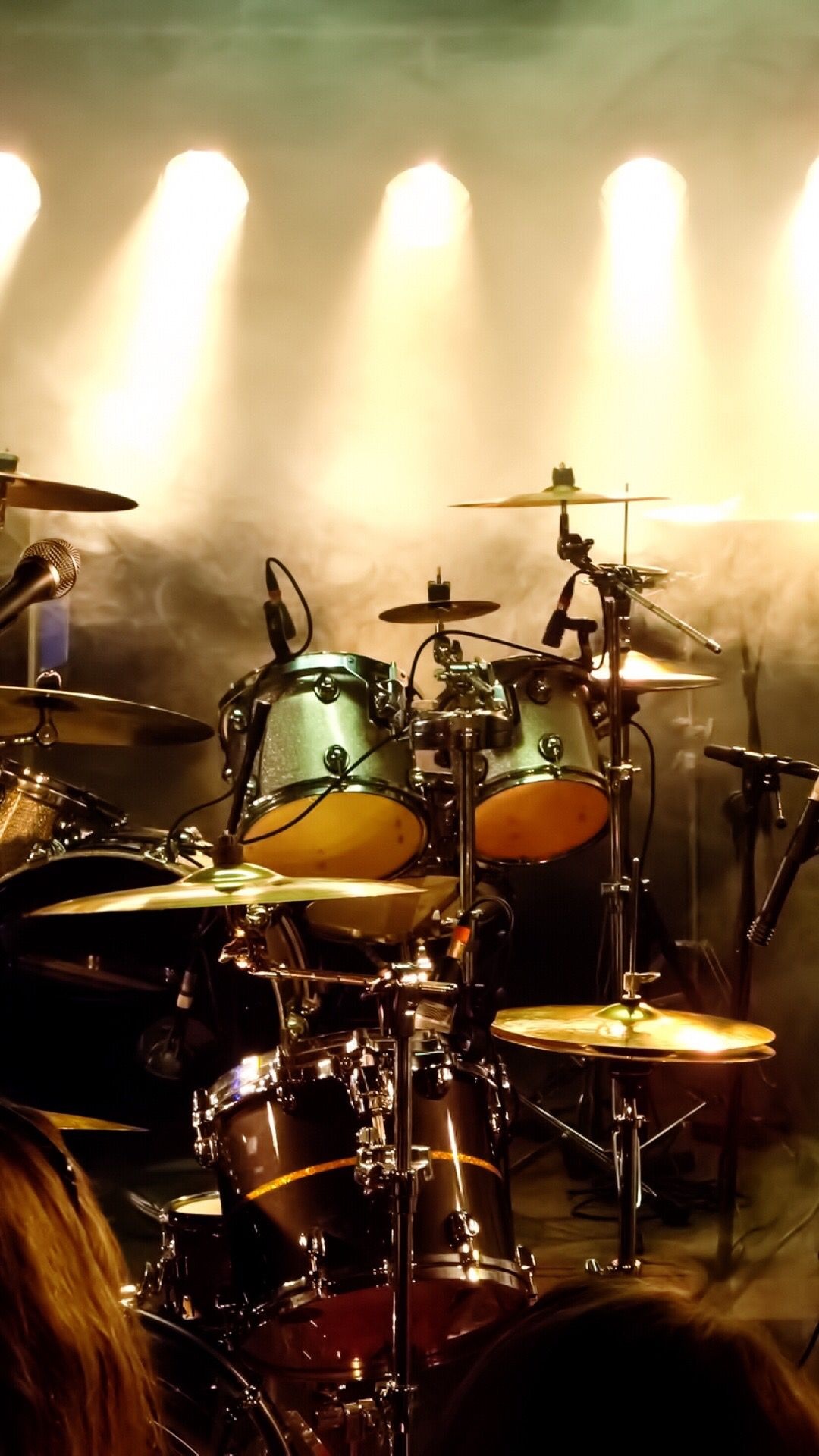 Drums: Live Performance, Fog Effect, All Lights Directed To The Stage, Drum Kit. 1080x1920 Full HD Wallpaper.