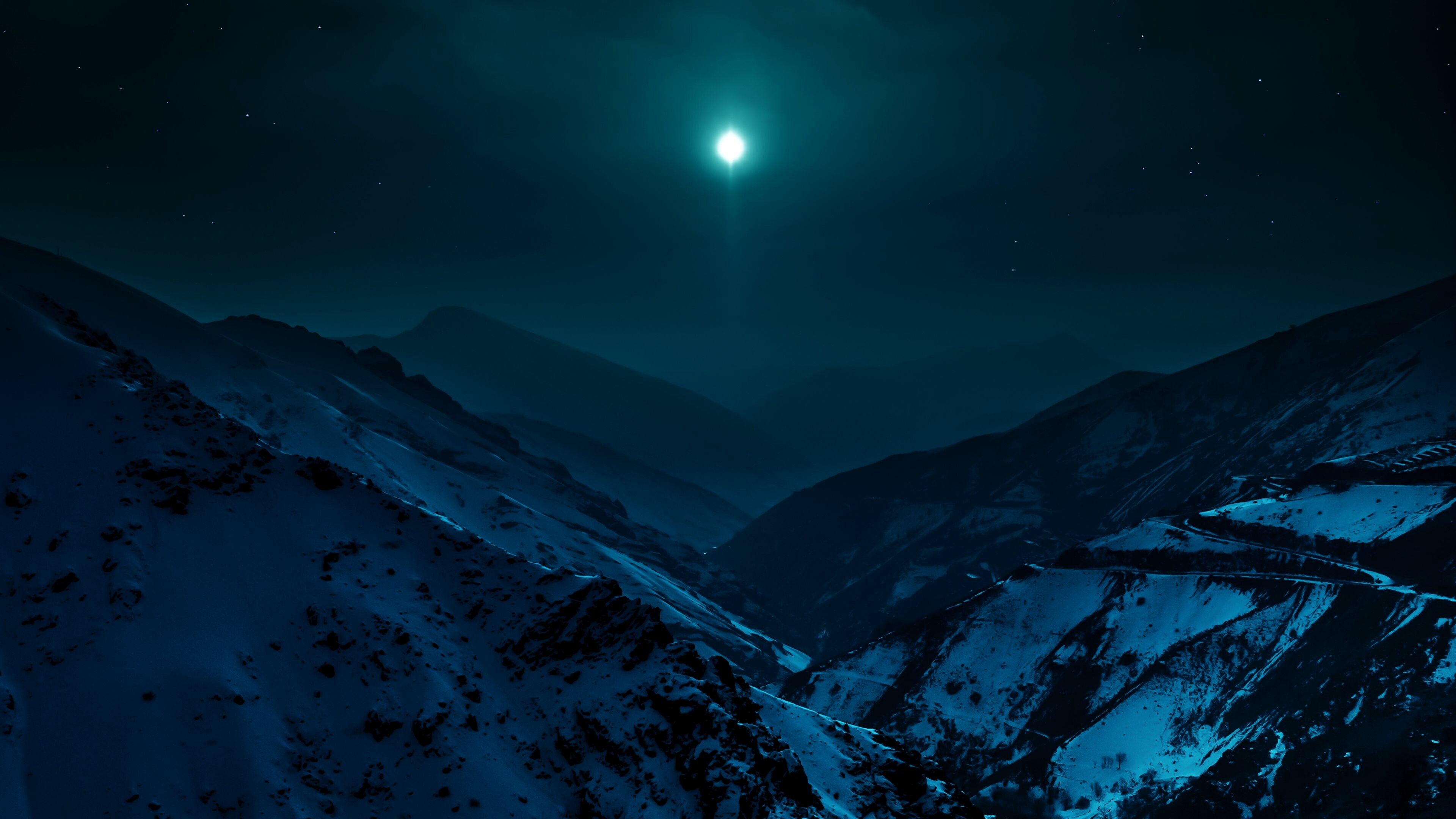 Moonlight: Night, The time from dusk to dawn when no sunlight is visible, Mountain landscape. 3840x2160 4K Wallpaper.