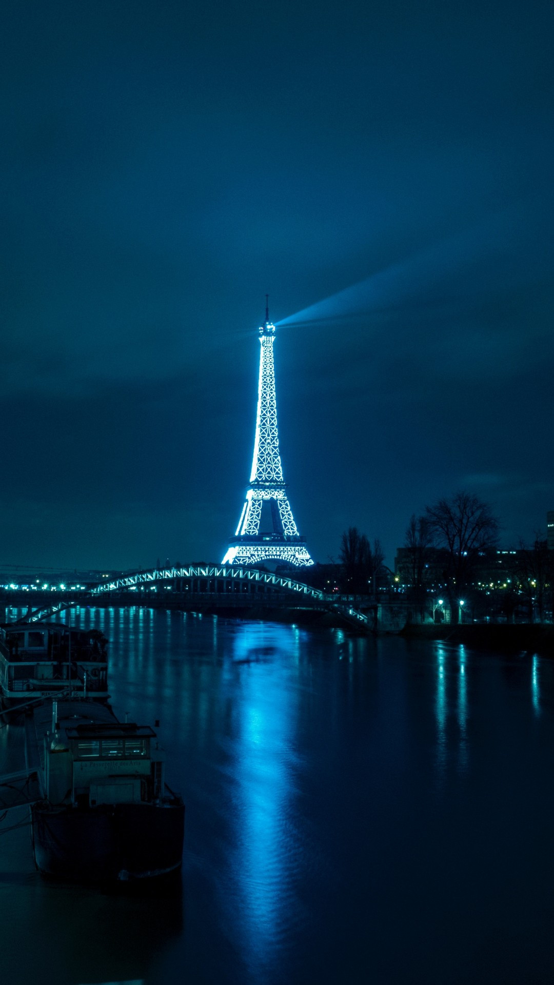 Paris: Eiffel Tower, Night city lights, River, Cityscape. 1080x1920 Full HD Wallpaper.