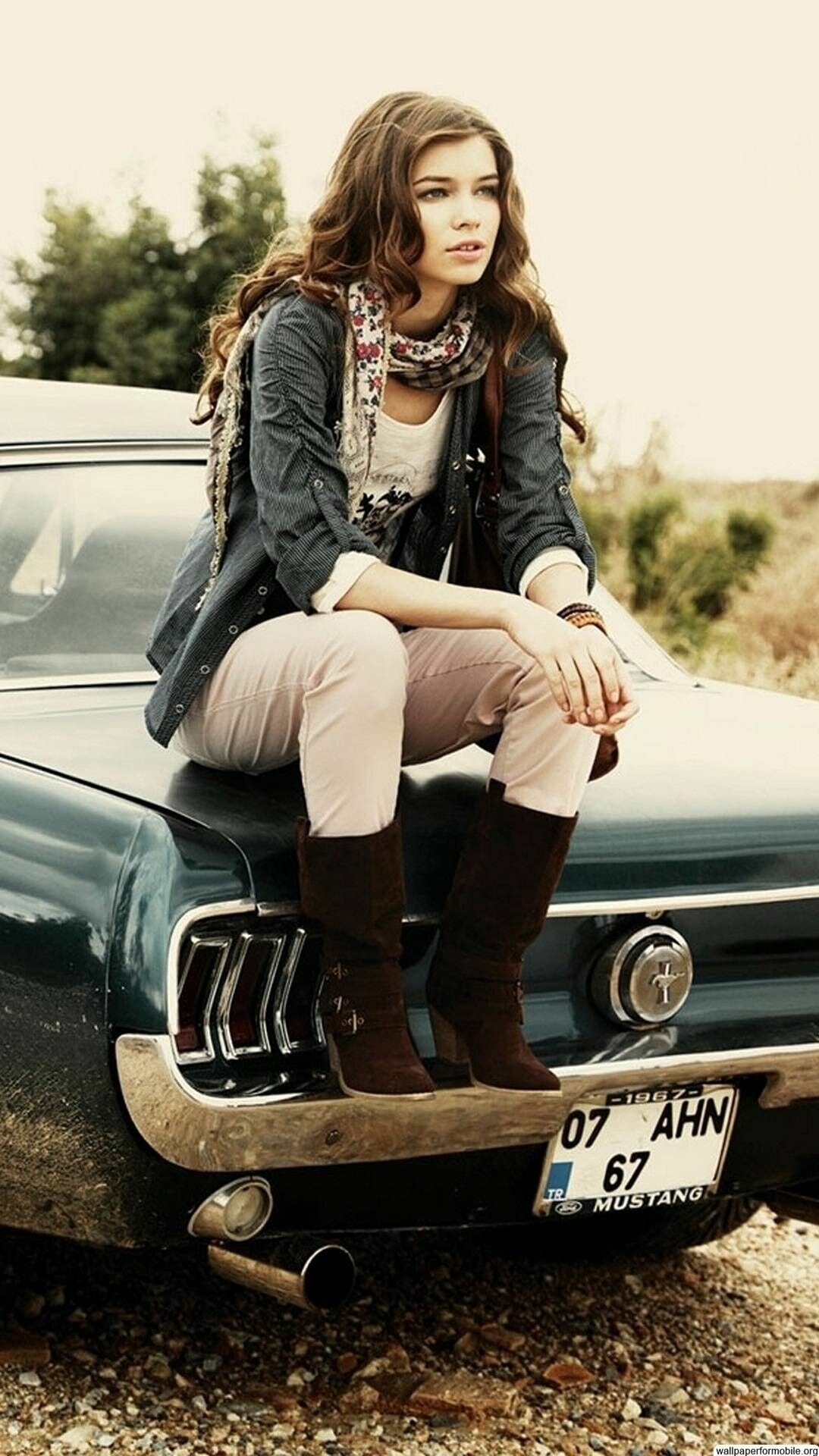 Girls and Muscle Cars: Ford Mustang 1967, Off-roading, Chrome rear bumper, License plate. 1080x1920 Full HD Wallpaper.