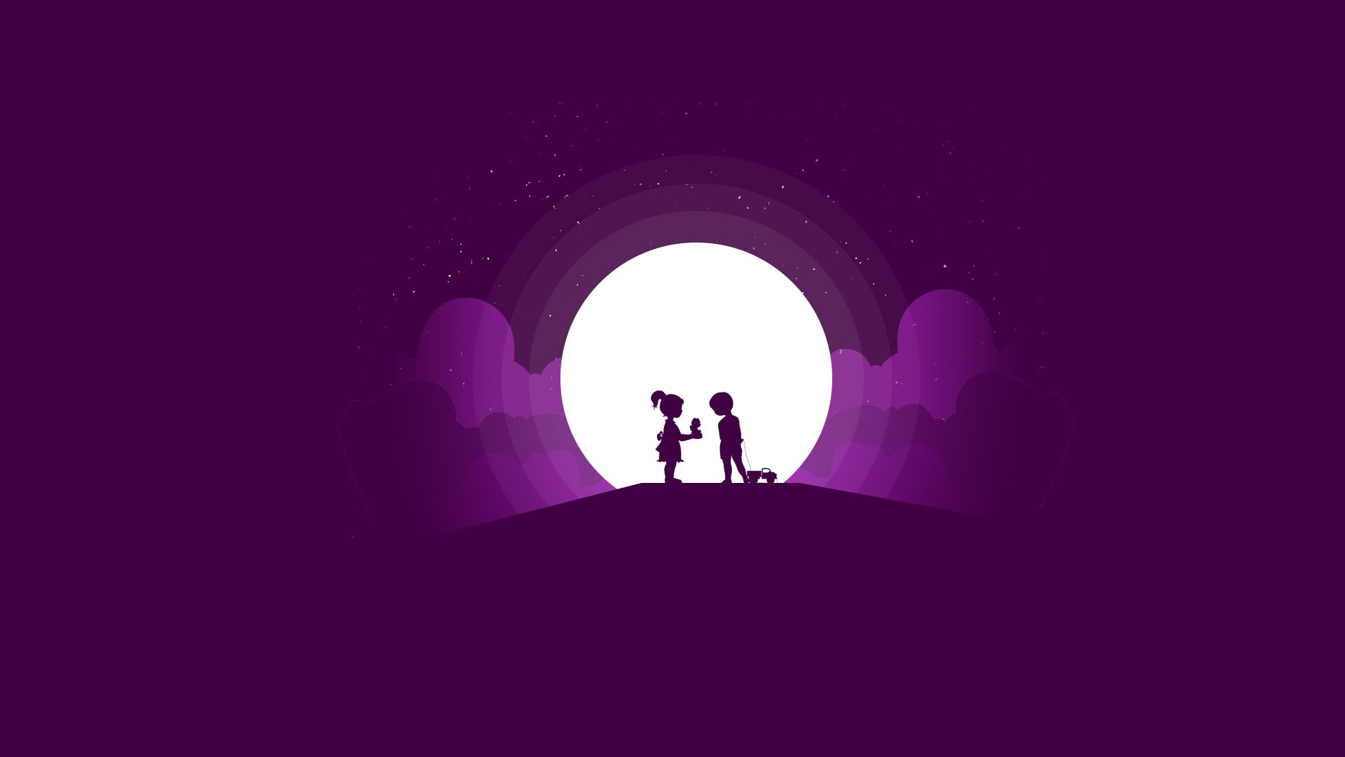 Girly: Kids, Boy and girl silhouette, Big moon, Astronomical object. 1920x1080 Full HD Background.