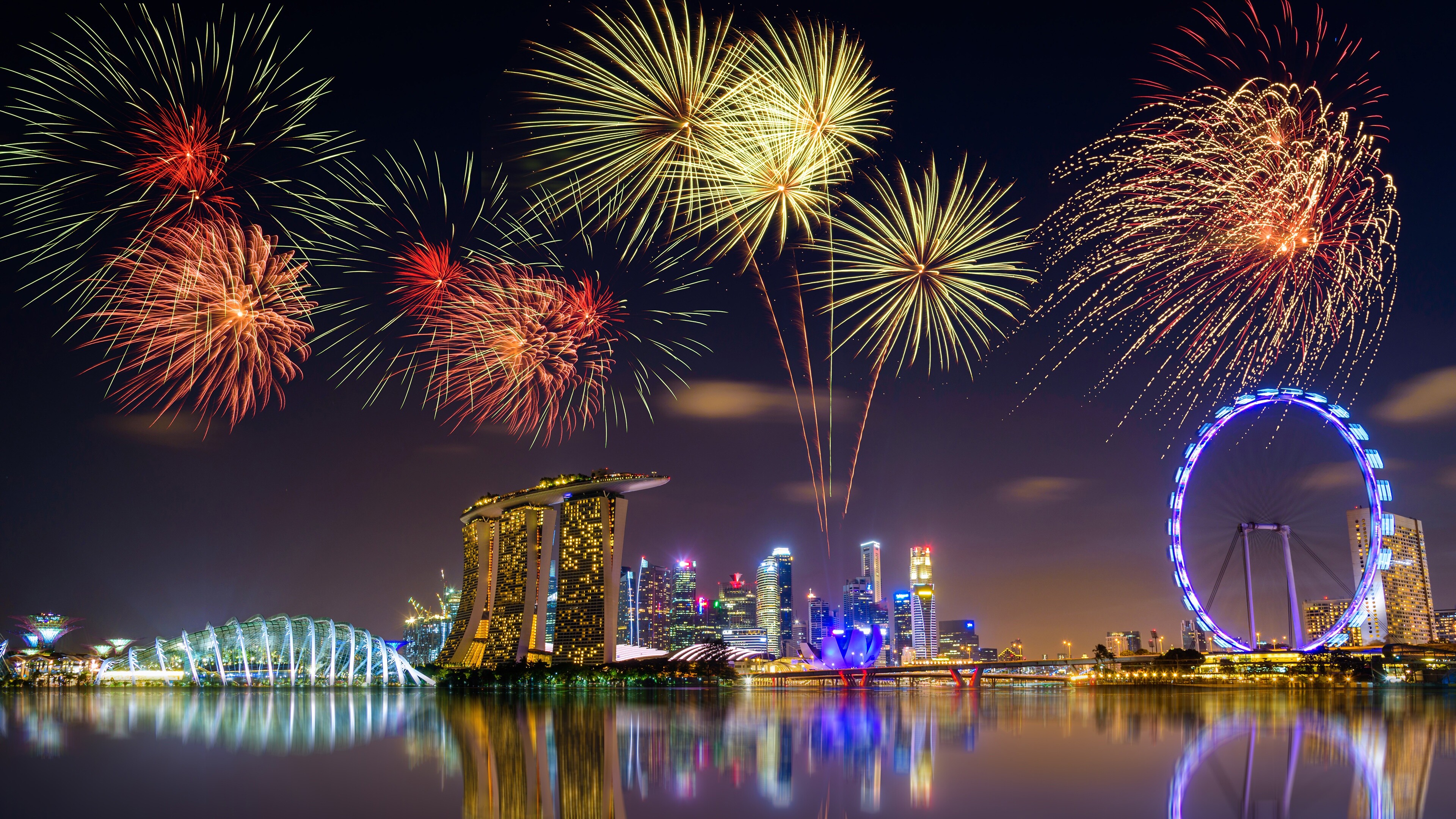 Firework: Singapore, Marina Bay Sands, Pyrotechnics, Celebration. 3840x2160 4K Wallpaper.