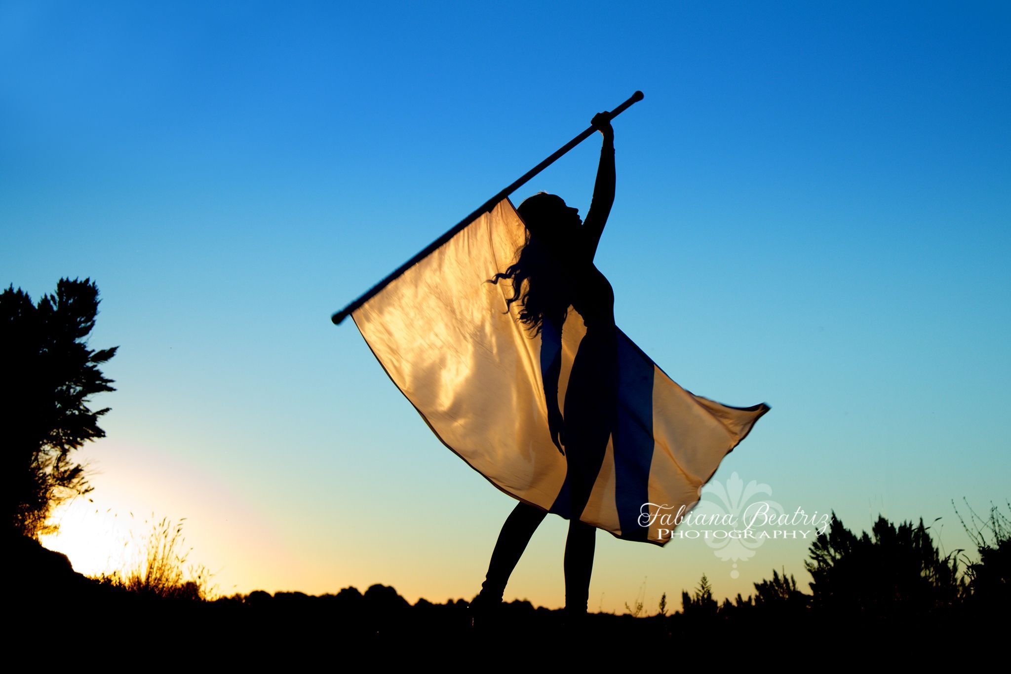 Color Guard (Flag Spinning): High School Senior girl team, Dancing with flags, Marching band show. 2050x1370 HD Background.