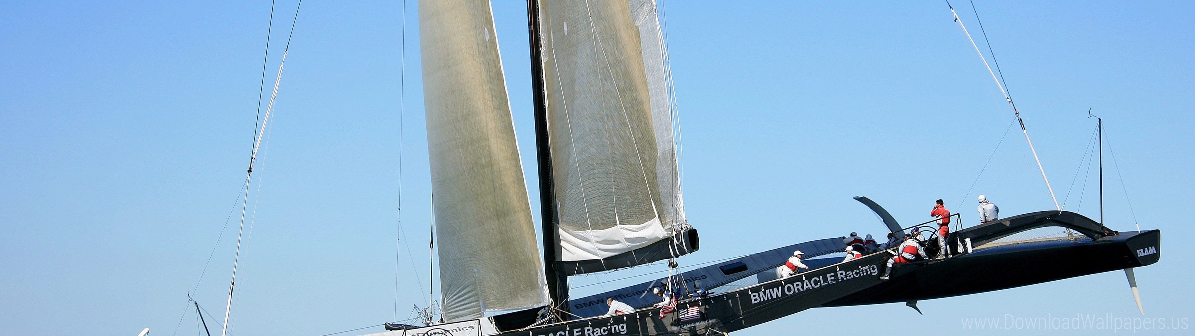 Sailing: Catamaran, The sport of traveling across the water in a boat, Windsports. 3840x1080 Dual Screen Wallpaper.