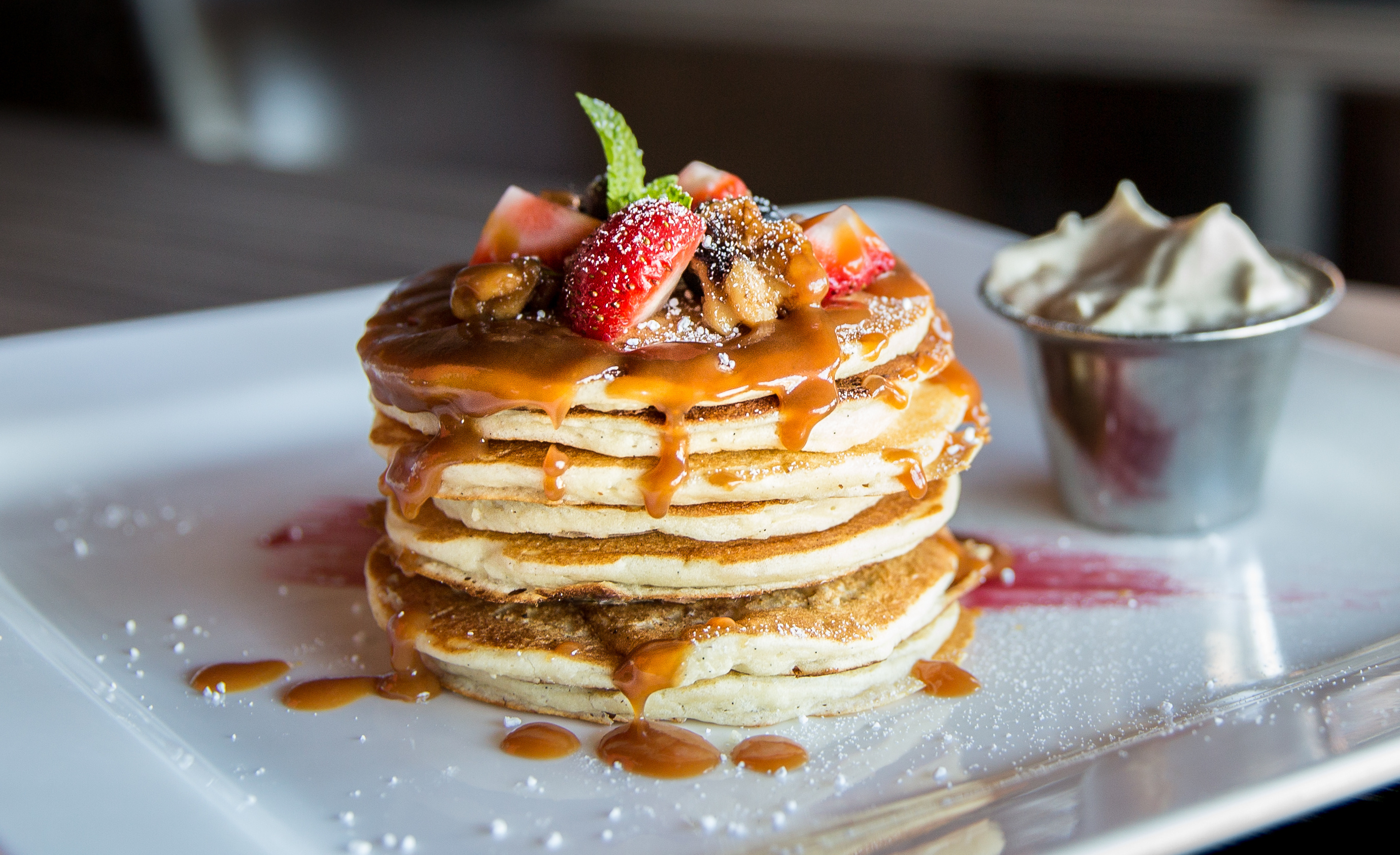 Pancake: A flat cake of thin batter fried on both sides on a griddle. 2850x1740 HD Wallpaper.