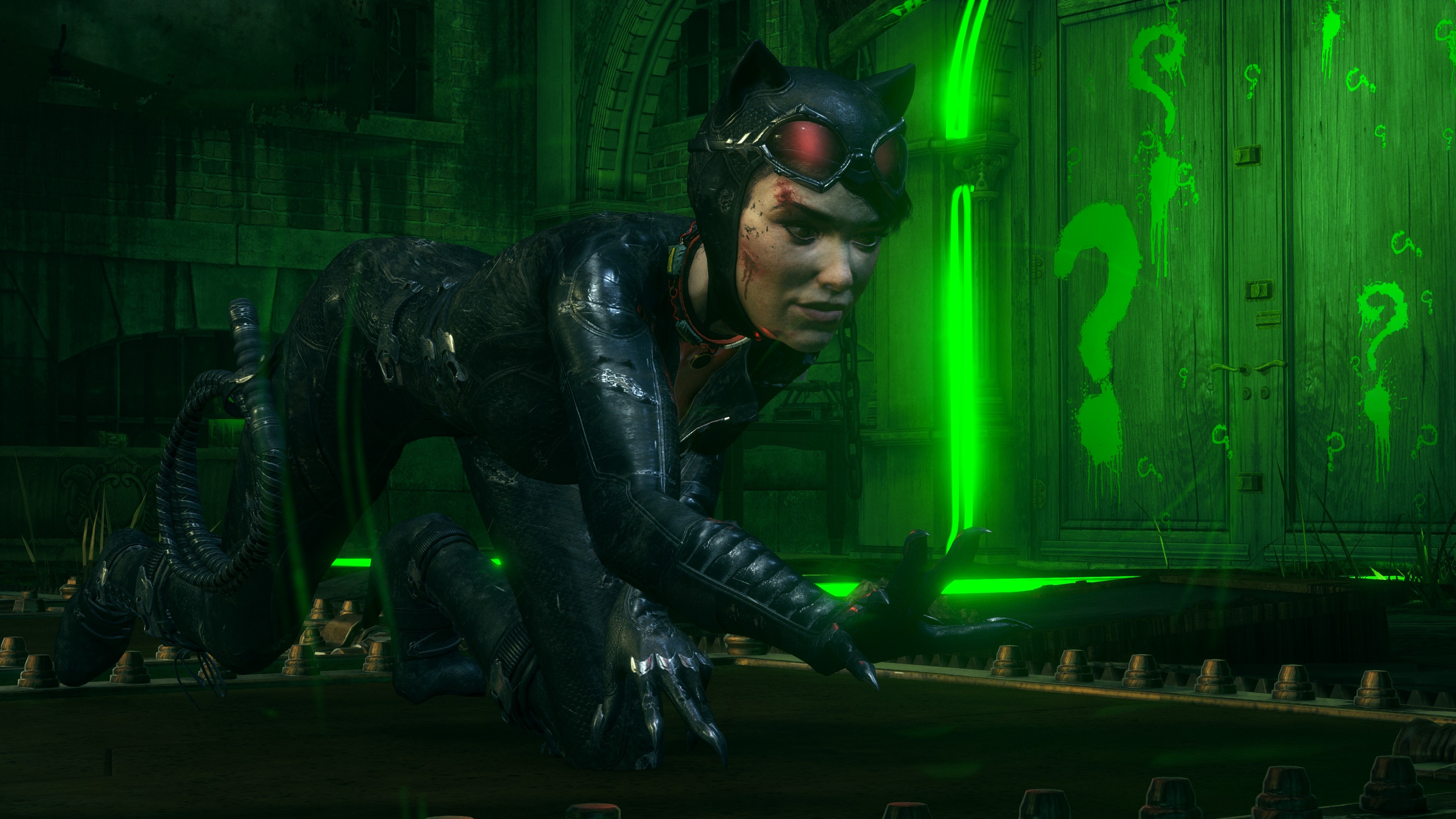 Catwoman: Gotham City burglar who usually wears a tight, one-piece outfit and uses a bullwhip for a weapon. 3840x2160 4K Background.
