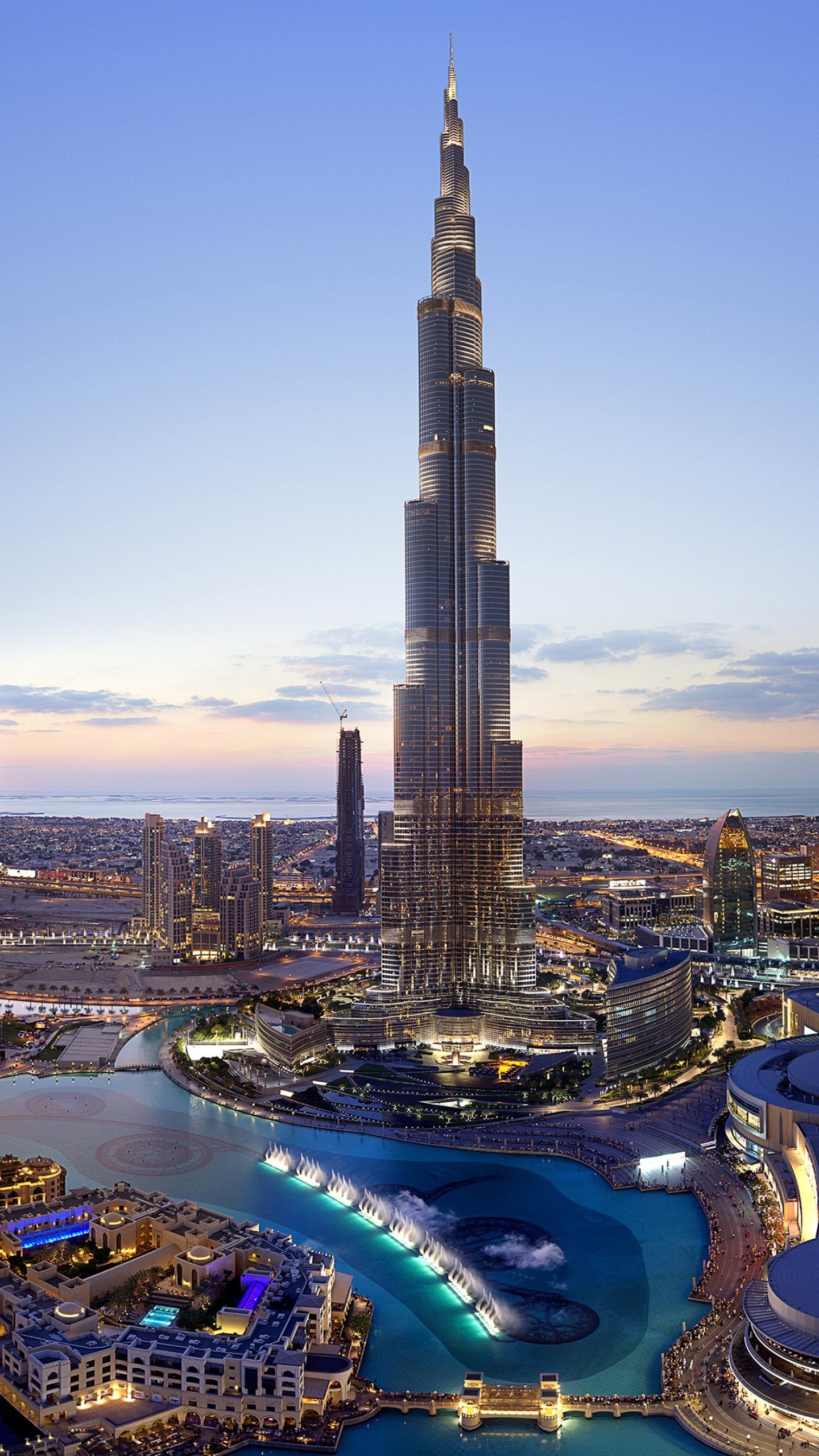 Dubai: Burj Khalifa, Cityscape, Skyscrapers, Dusk. 1440x2560 HD Wallpaper.