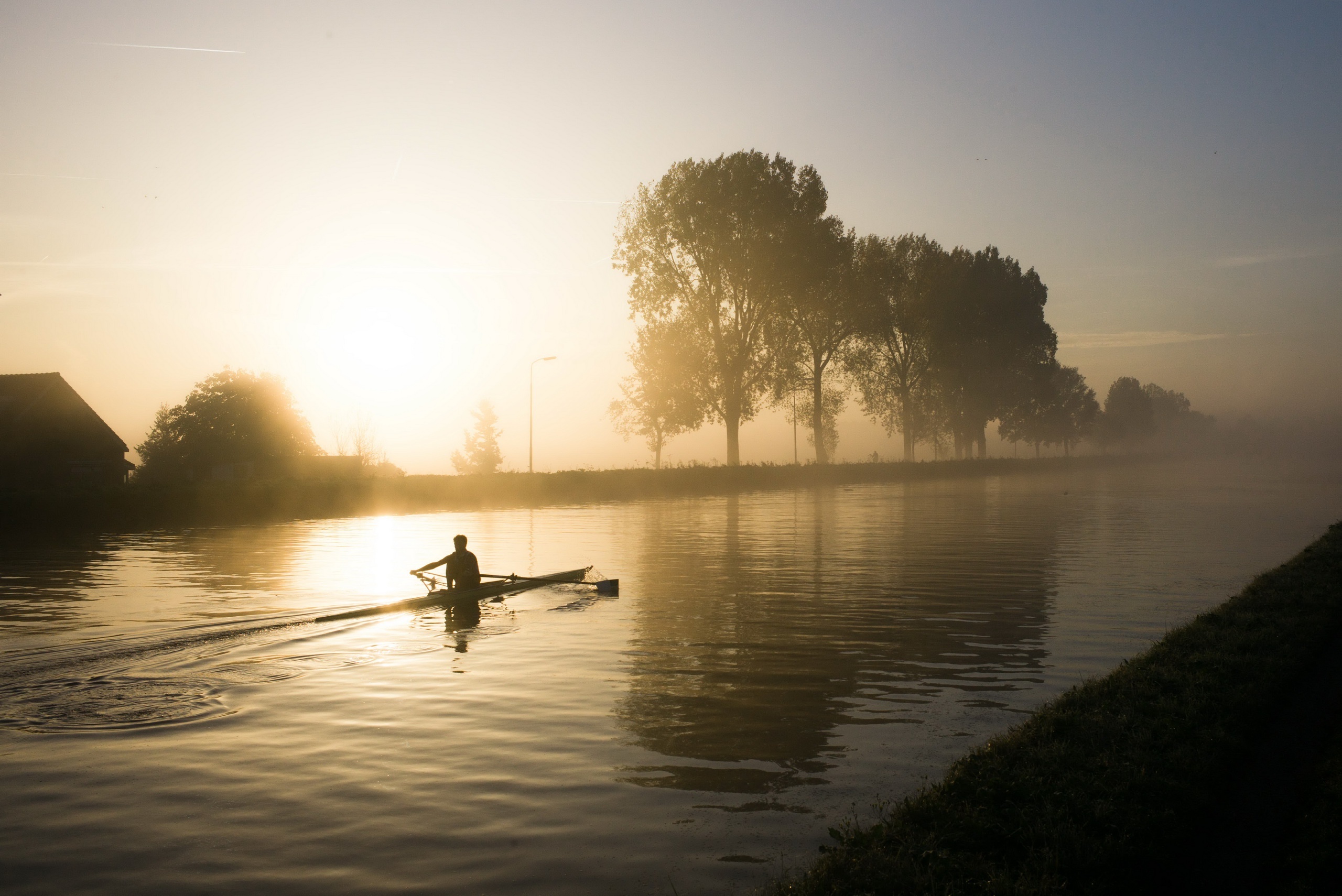 Rowing: A professional sculler during a training session on a river during the sunrise. 2560x1710 HD Wallpaper.