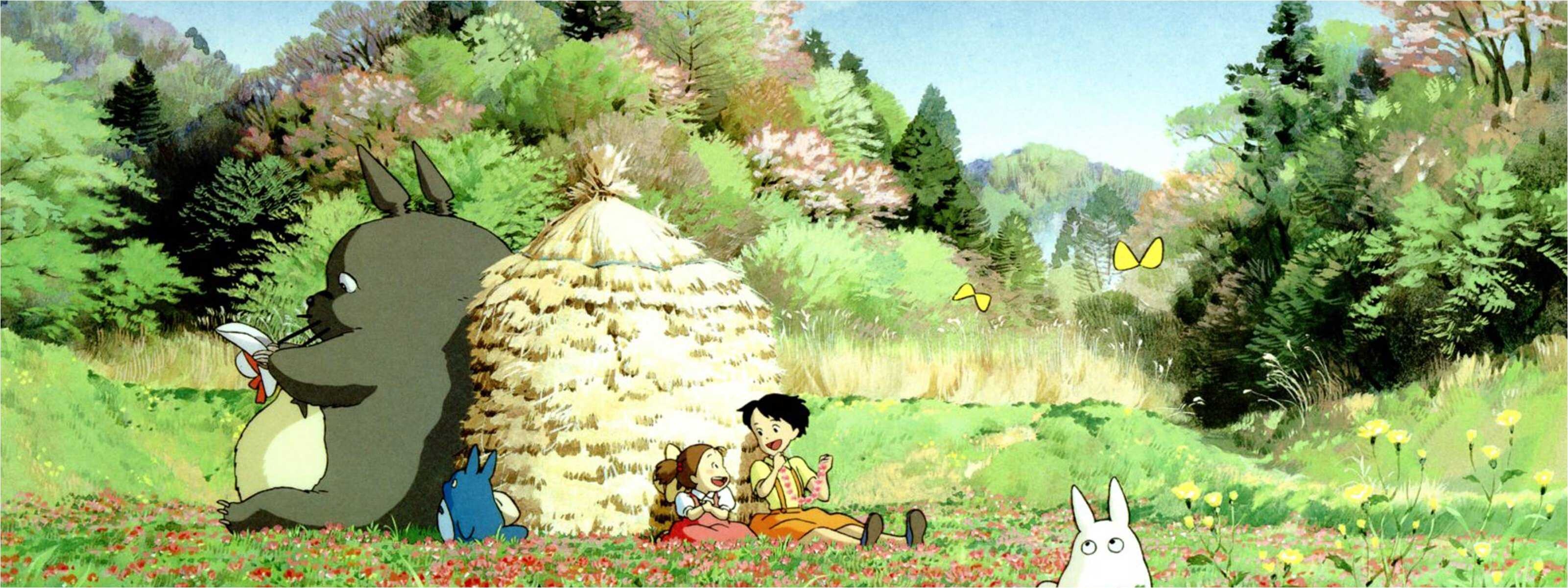 Studio Ghibli: The company's films are known for their intricate hand-drawn animation. 3210x1210 Dual Screen Wallpaper.