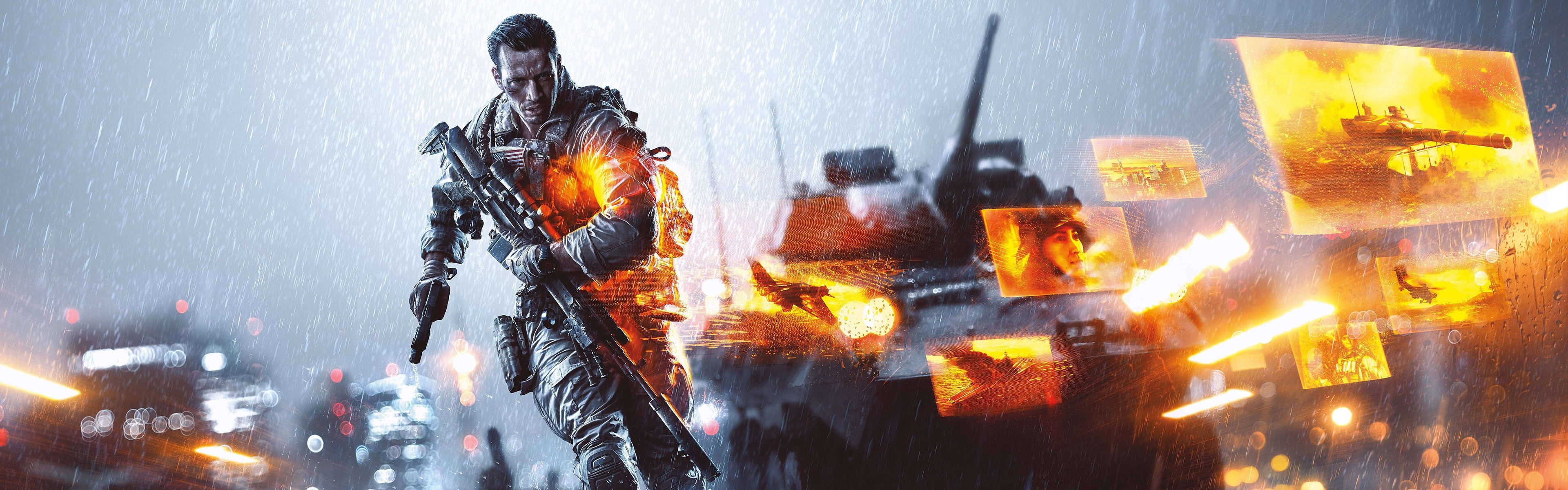 Assault rifle, Battlefield Hardline, Military game, Rainy atmosphere, 3840x1200 Dual Screen Desktop