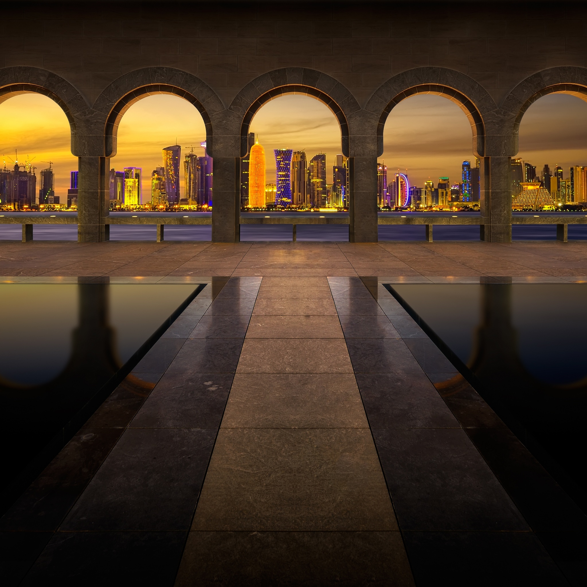 Doha, Qatar, Museum of Islamic Art, City lights, 2050x2050 HD Handy
