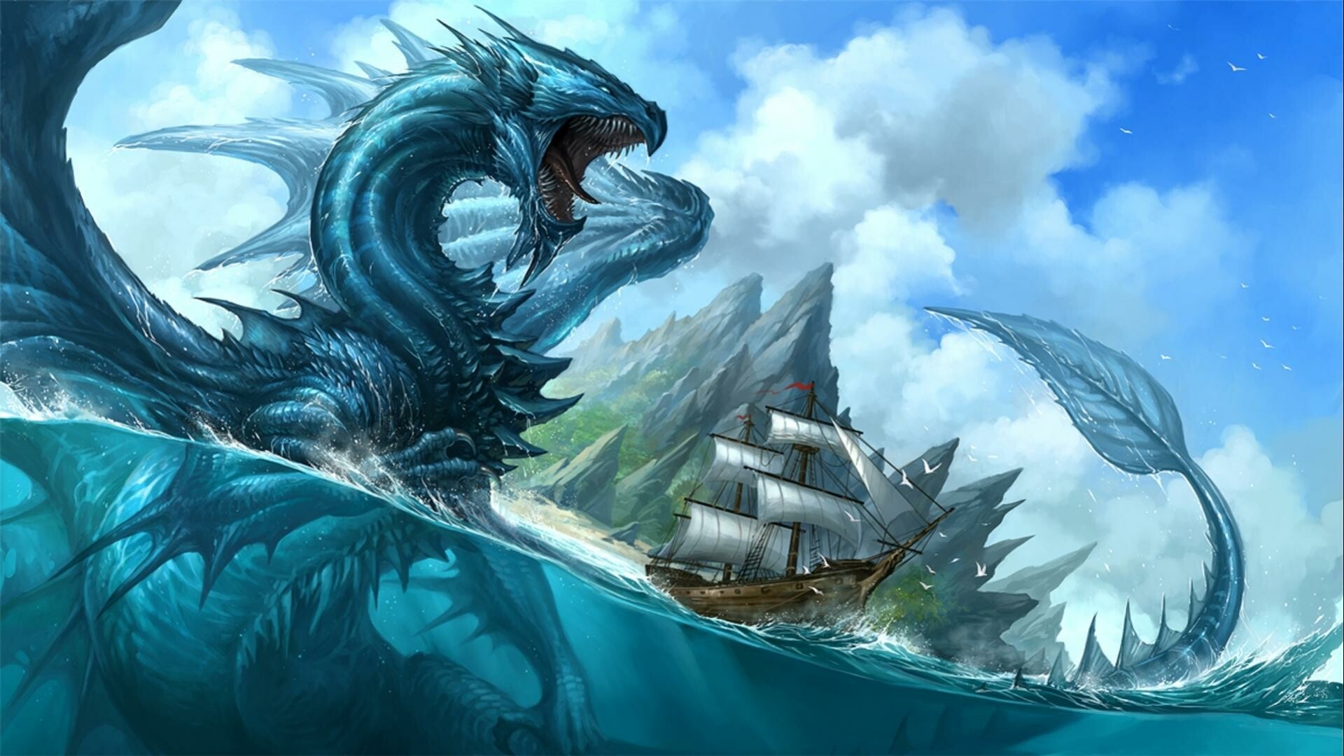 Dragon: A reptilian legendary creature living in the ocean, Folklore. 1920x1080 Full HD Background.