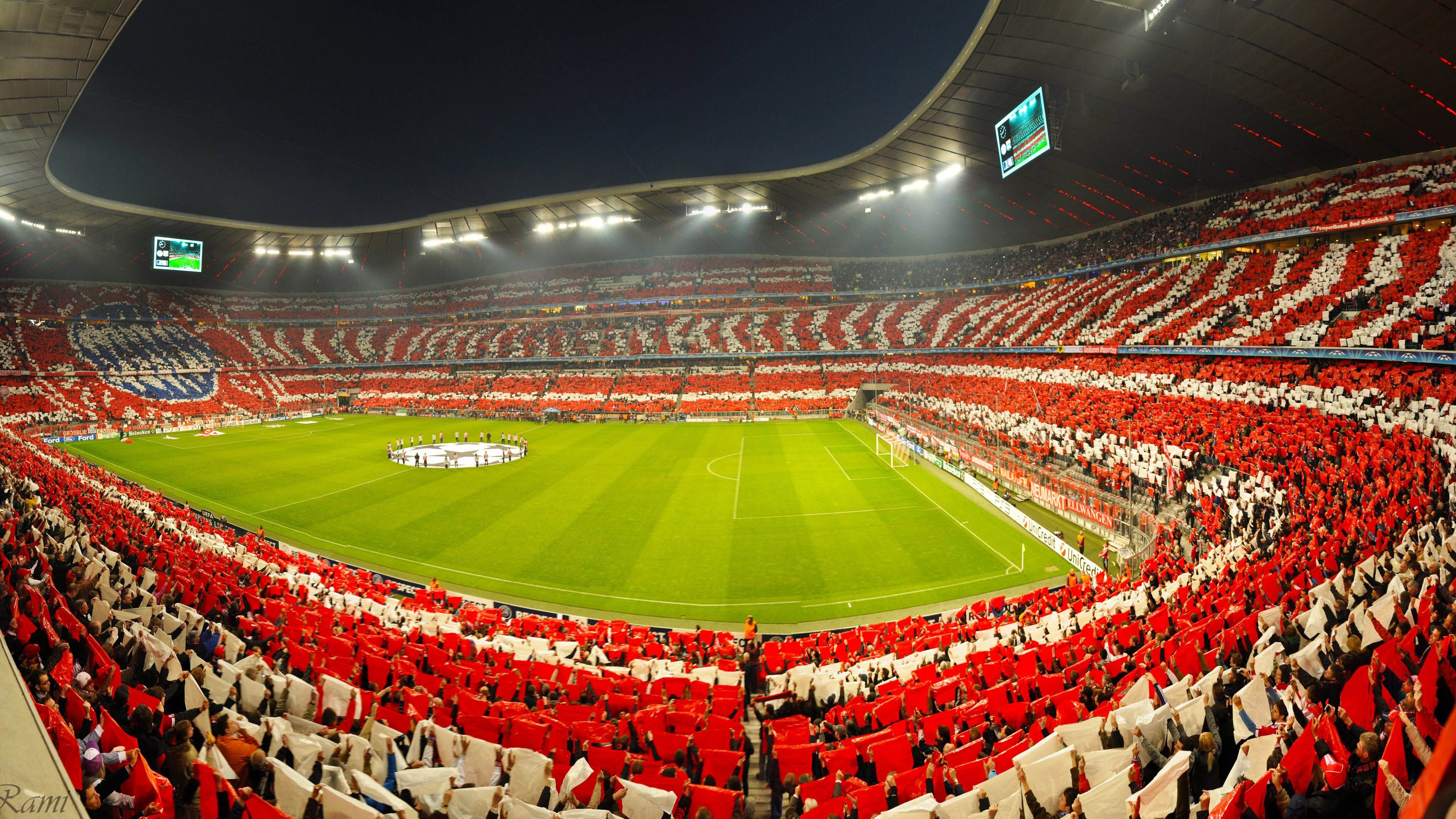 Bayern Munchen FC: Allianz Arena, A football stadium with a 70,000 seating capacity for international matches and 75,000 for domestic matches. 3840x2160 4K Background.