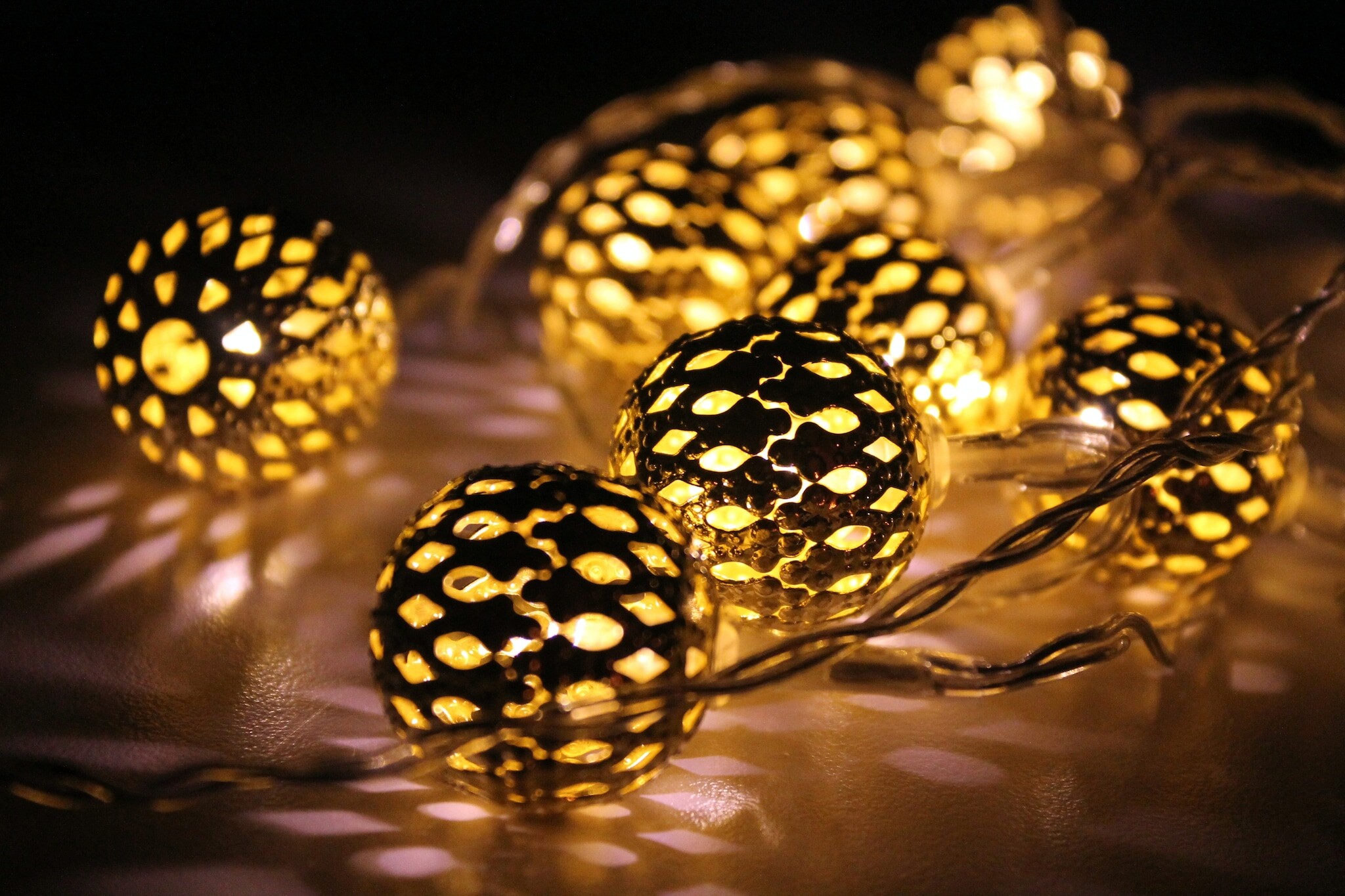 Gold Lights: Ornamented ball Xmas lights, Christmas decoration, Out-of-focus blurred lights. 2050x1370 HD Wallpaper.