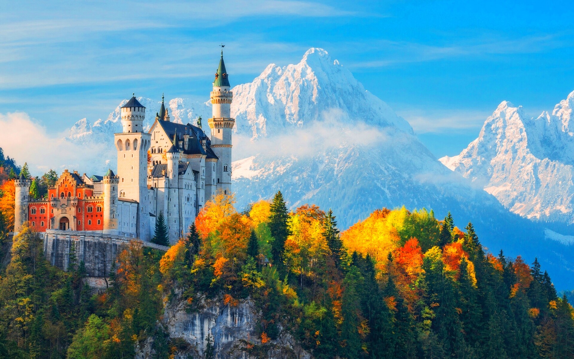 Neuschwanstein Castle: A 19th-century, hilltop palace designed in a Romanesque Revival style. 1920x1200 HD Wallpaper.
