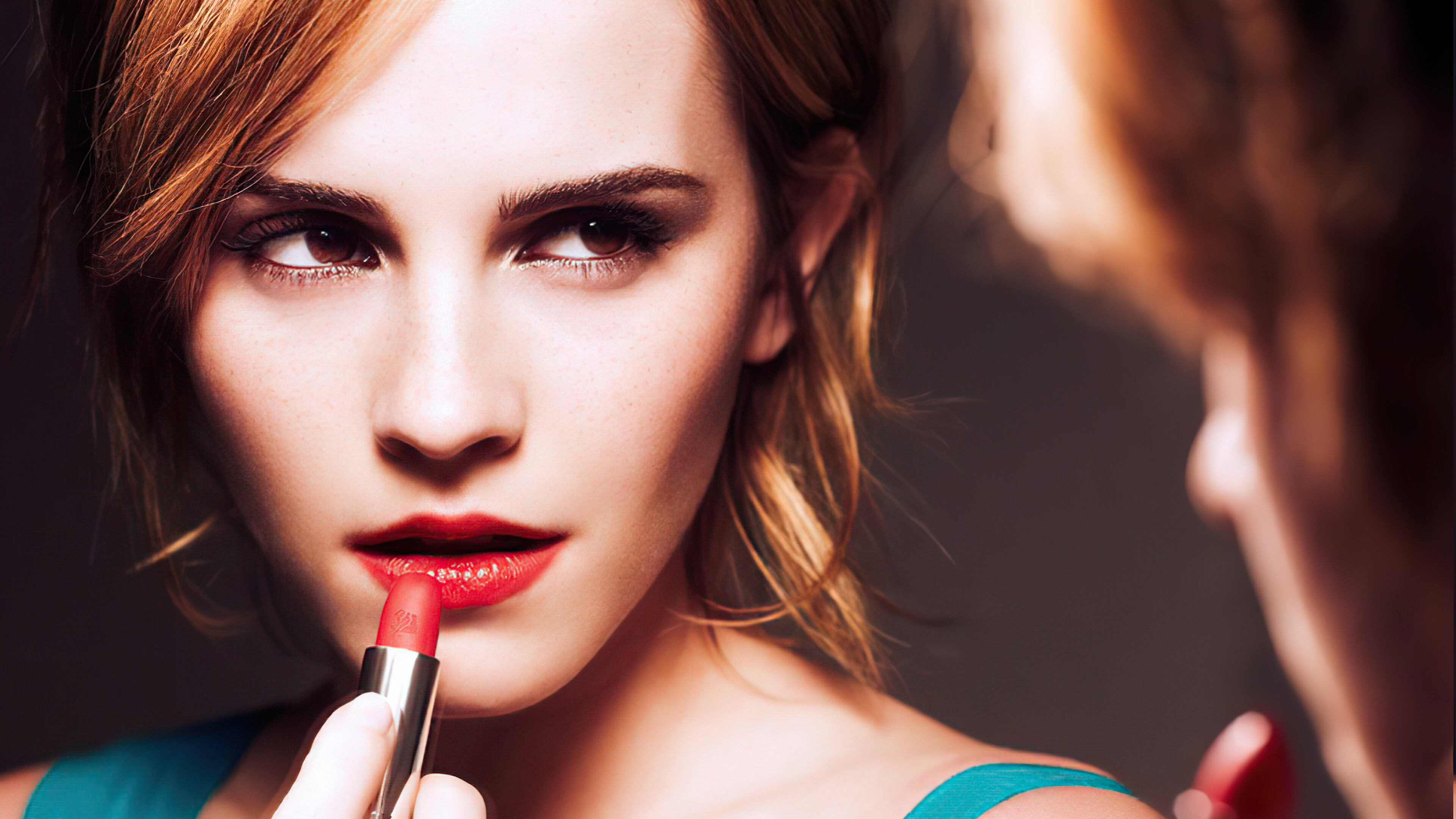 Lipstick: Emma Watson putting on red lip coloring, An English actress, The world's highest-paid actresses (Forbes). 3840x2160 4K Wallpaper.