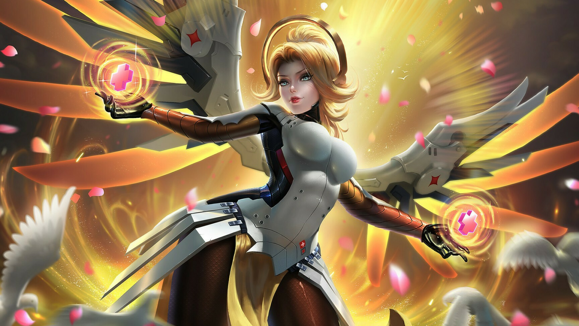 Overwatch: Mercy, Wears a winged Valkyrie suit, Guardian Angel. 1920x1080 Full HD Wallpaper.
