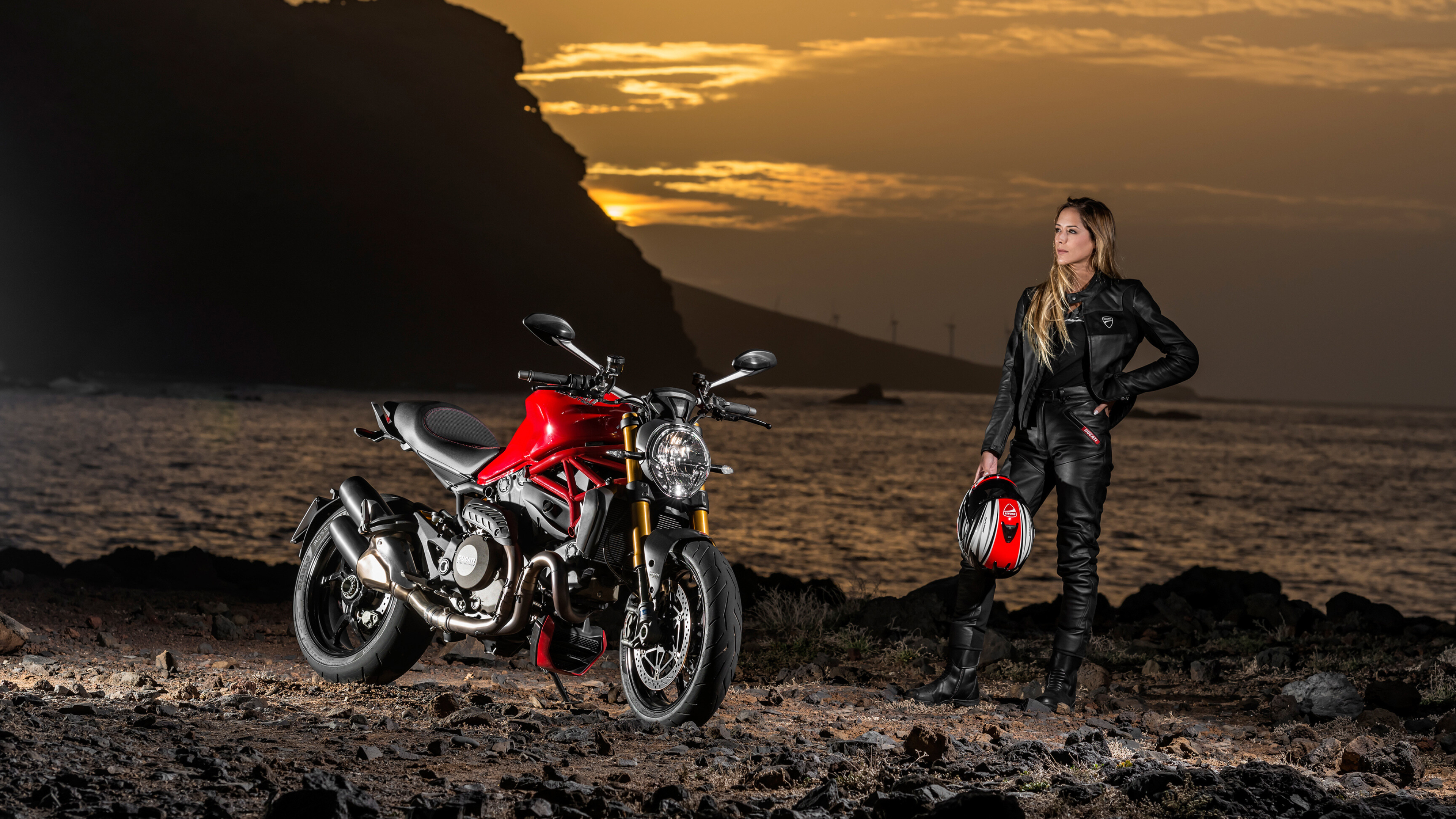 Girls and Motorcycles: Female rider, Going on long rides, Set of biker leathers, Sunset, Riding to the sea. 3840x2160 4K Background.