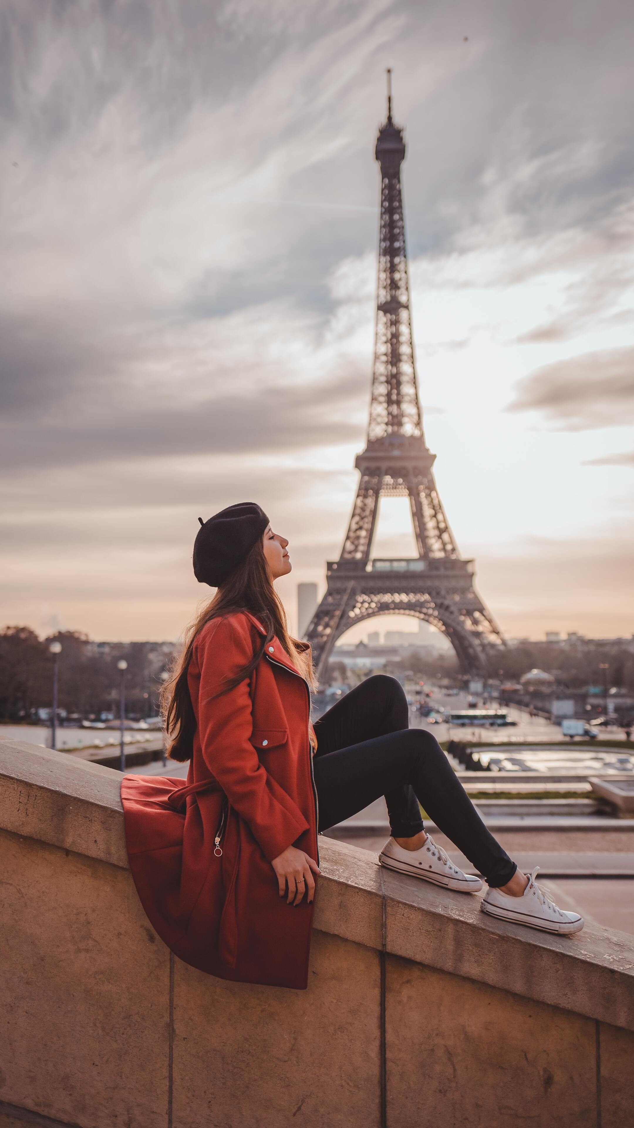 Girl sitting on rooftop, Eiffel tower, Sony Xperia, 4K wallpapers, 2160x3840 4K Phone