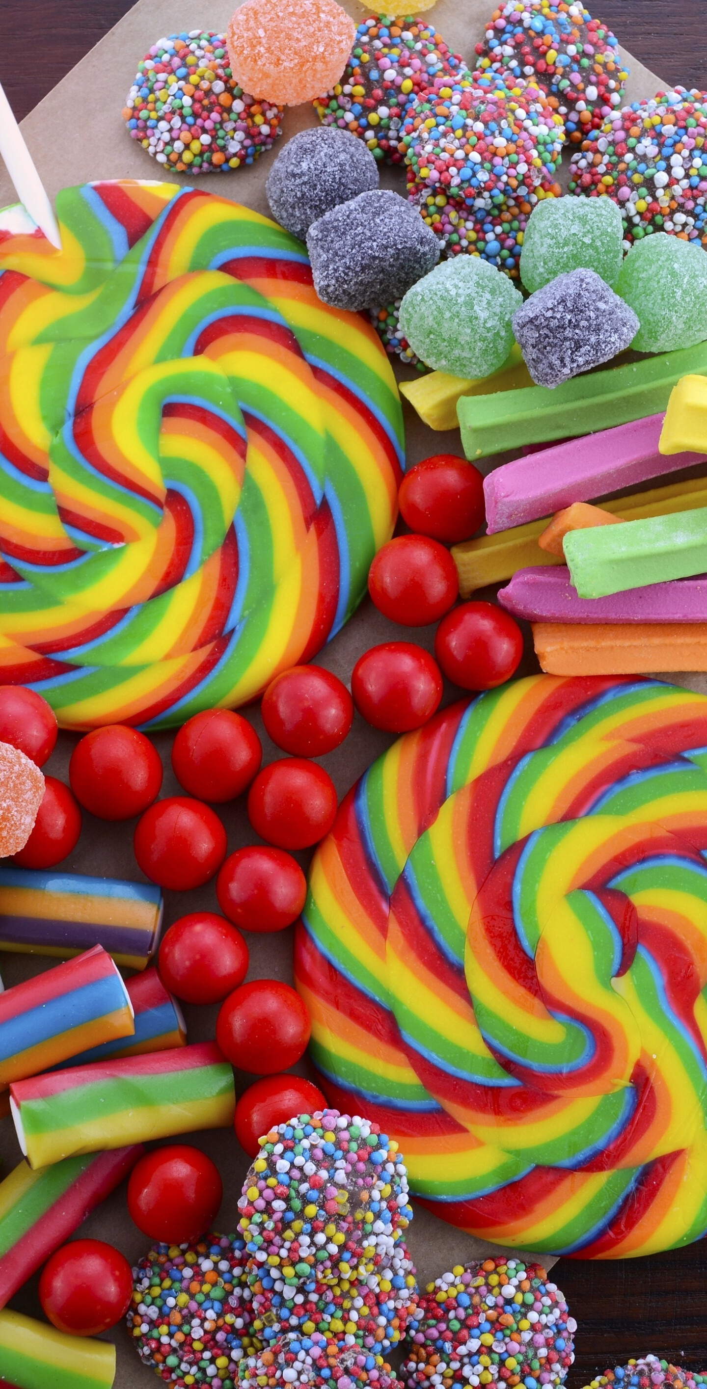 Sweets: Lollipop, Gumdrops coated in granulated sugar, Nonpareils. 1440x2830 HD Wallpaper.