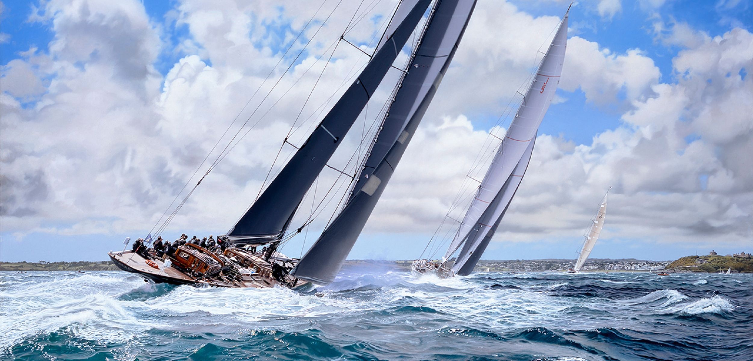 Yacht Racing: J Class yacht tournament, A sport in which sailboats compete on the water. 2510x1200 Dual Screen Wallpaper.