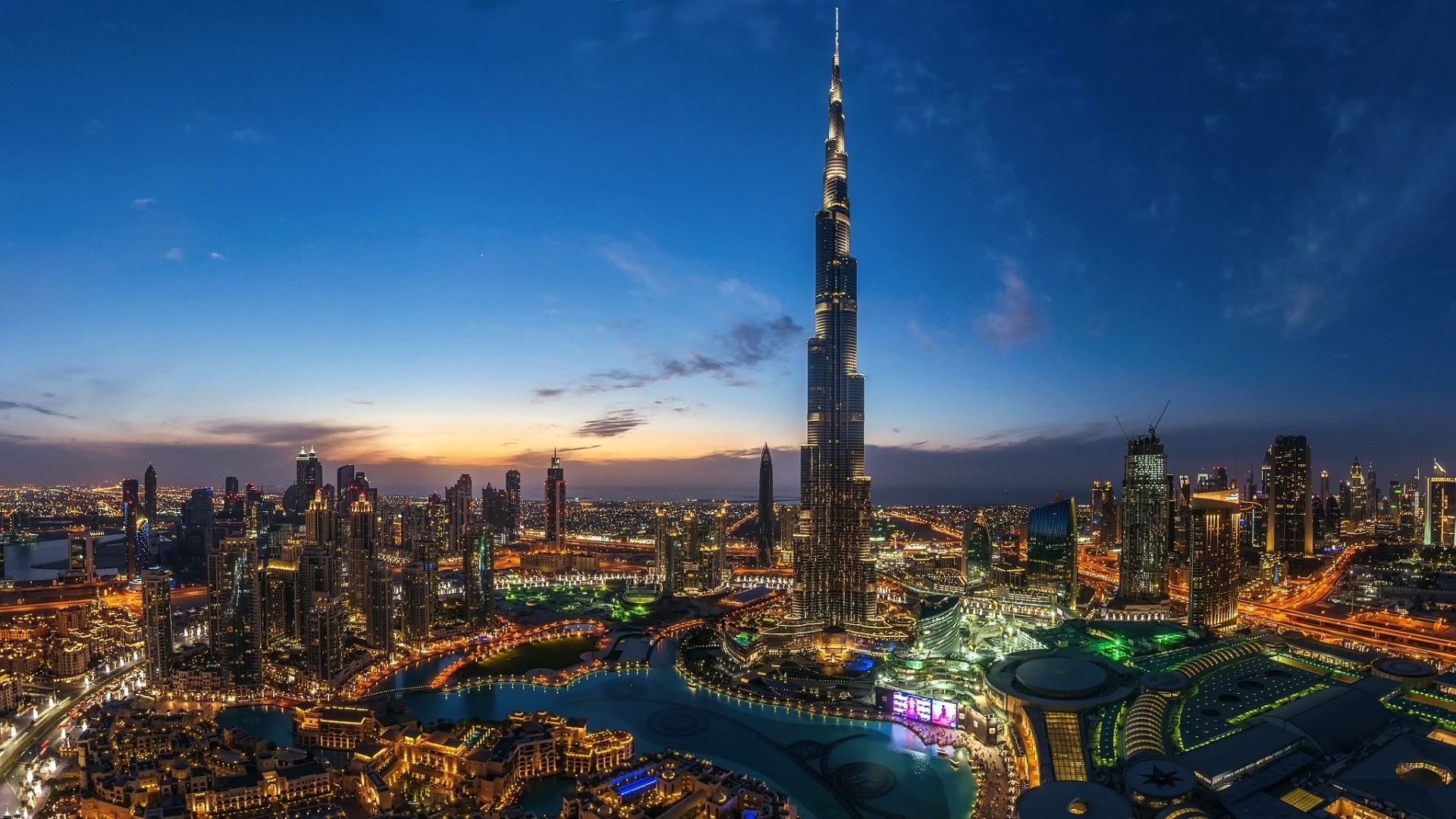 Burj Khalifa, Dubai city lights, Urban night view, Illuminated skyline, 1920x1080 Full HD Desktop