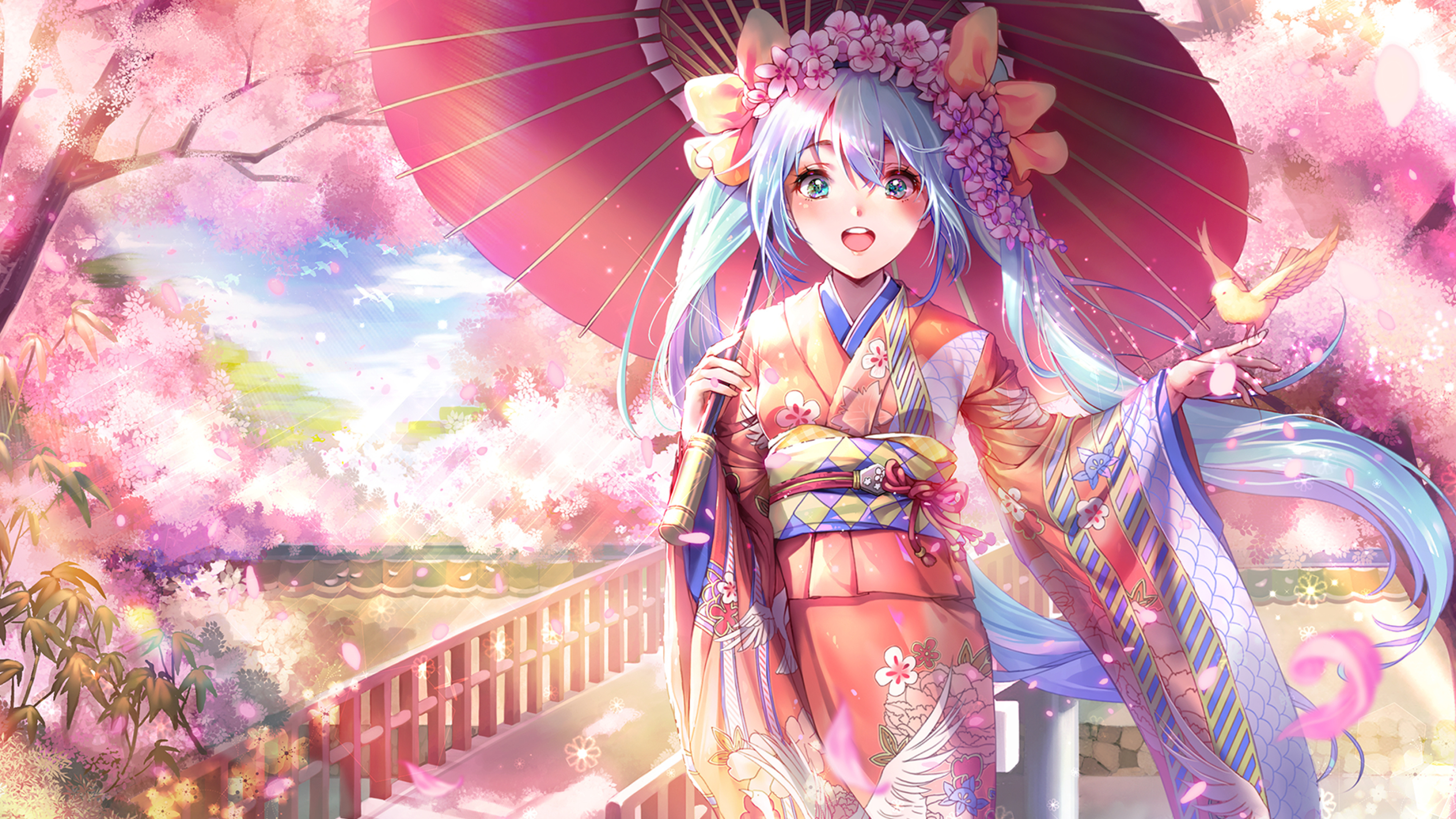 Hatsune Miku, Scenic wallpaper, Vocaloid idol, Sakura blossom, 3840x2160 4K Desktop