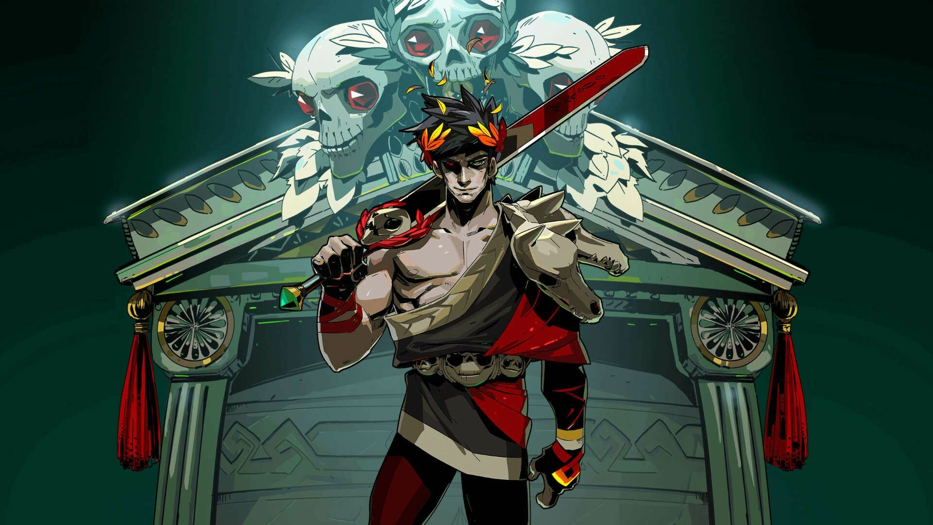 Hades: The player can unlock and upgrade abilities for Zagreus, order the construction of new Underworld features that may appear in future run-throughs, or obtain or upgrade new weapons. 1920x1080 Full HD Background.