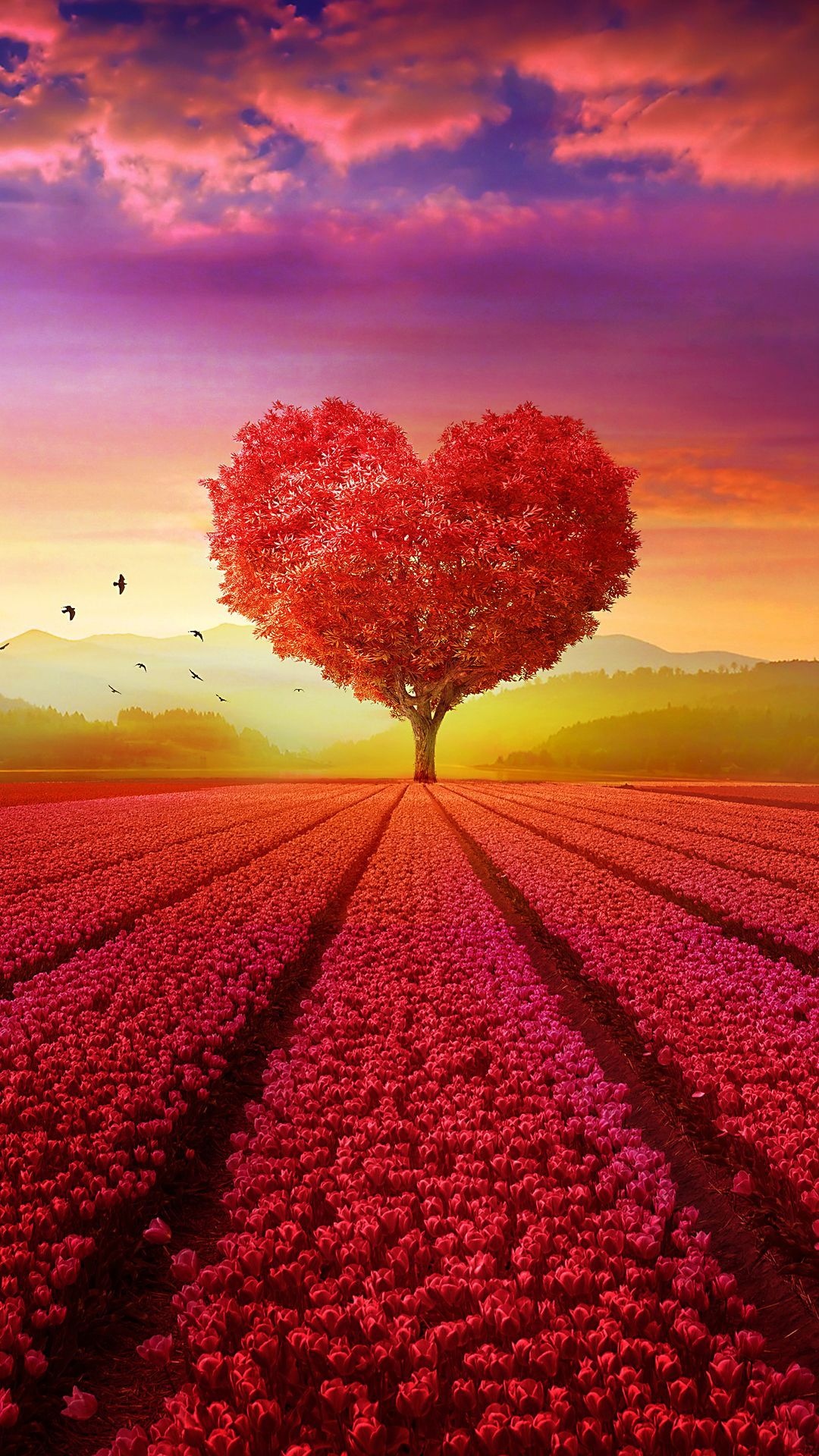 Heart Shape, Tree silhouette, Nature-themed wallpaper, Symbol of love, 1080x1920 Full HD Phone