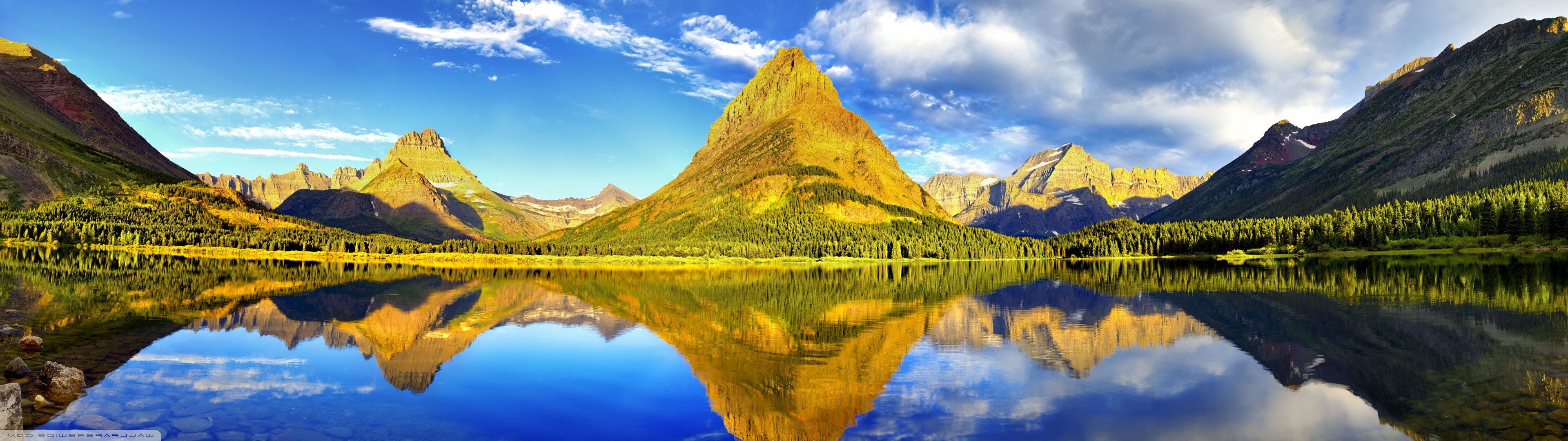 Glacier National Park, Landscape, Mountain range, Larch trees, 3840x1080 Dual Screen Desktop