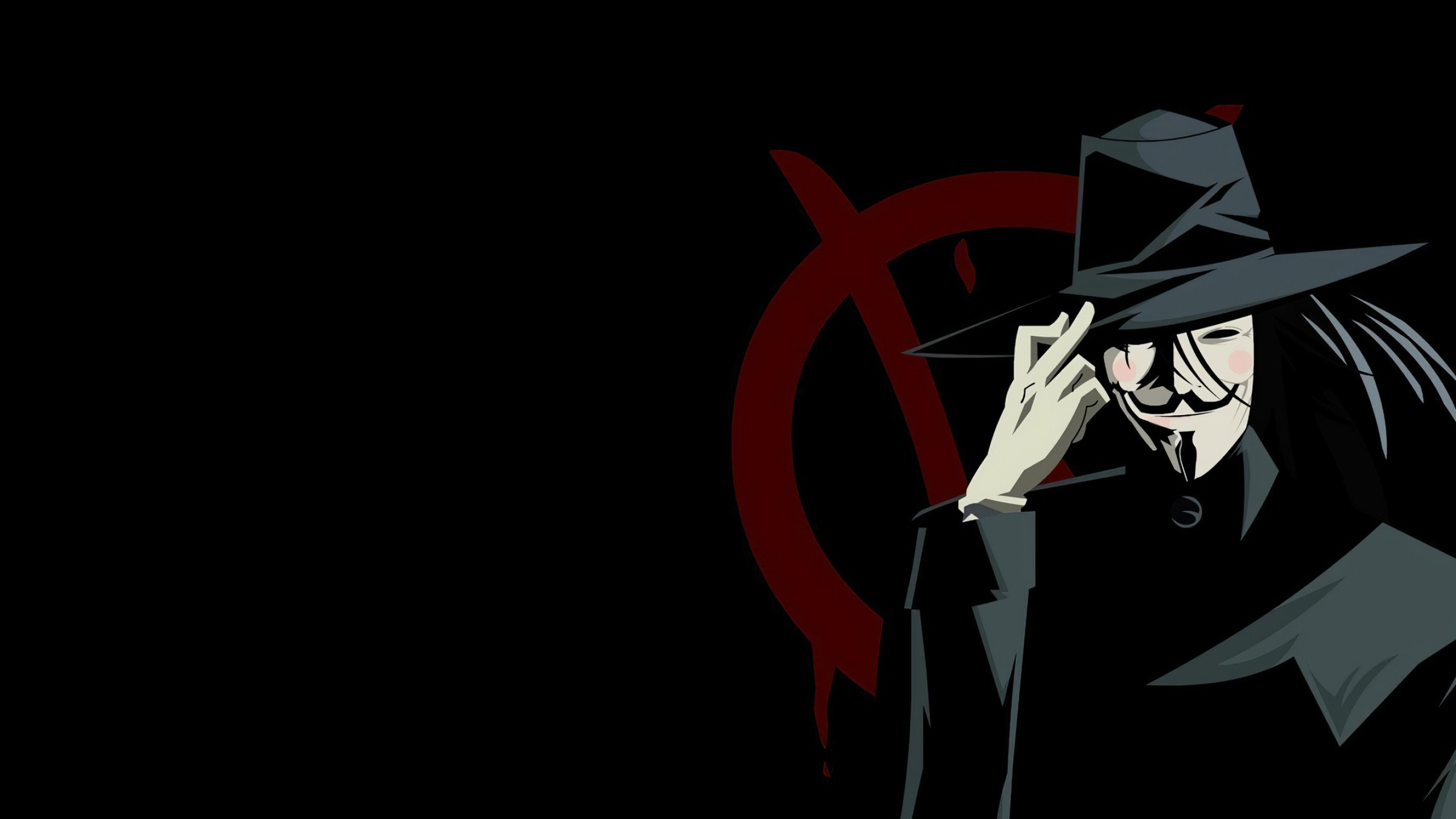 V for Vendetta: A British graphic novel, An anarchist revolutionary dressed in a Guy Fawkes mask. 2560x1440 HD Background.
