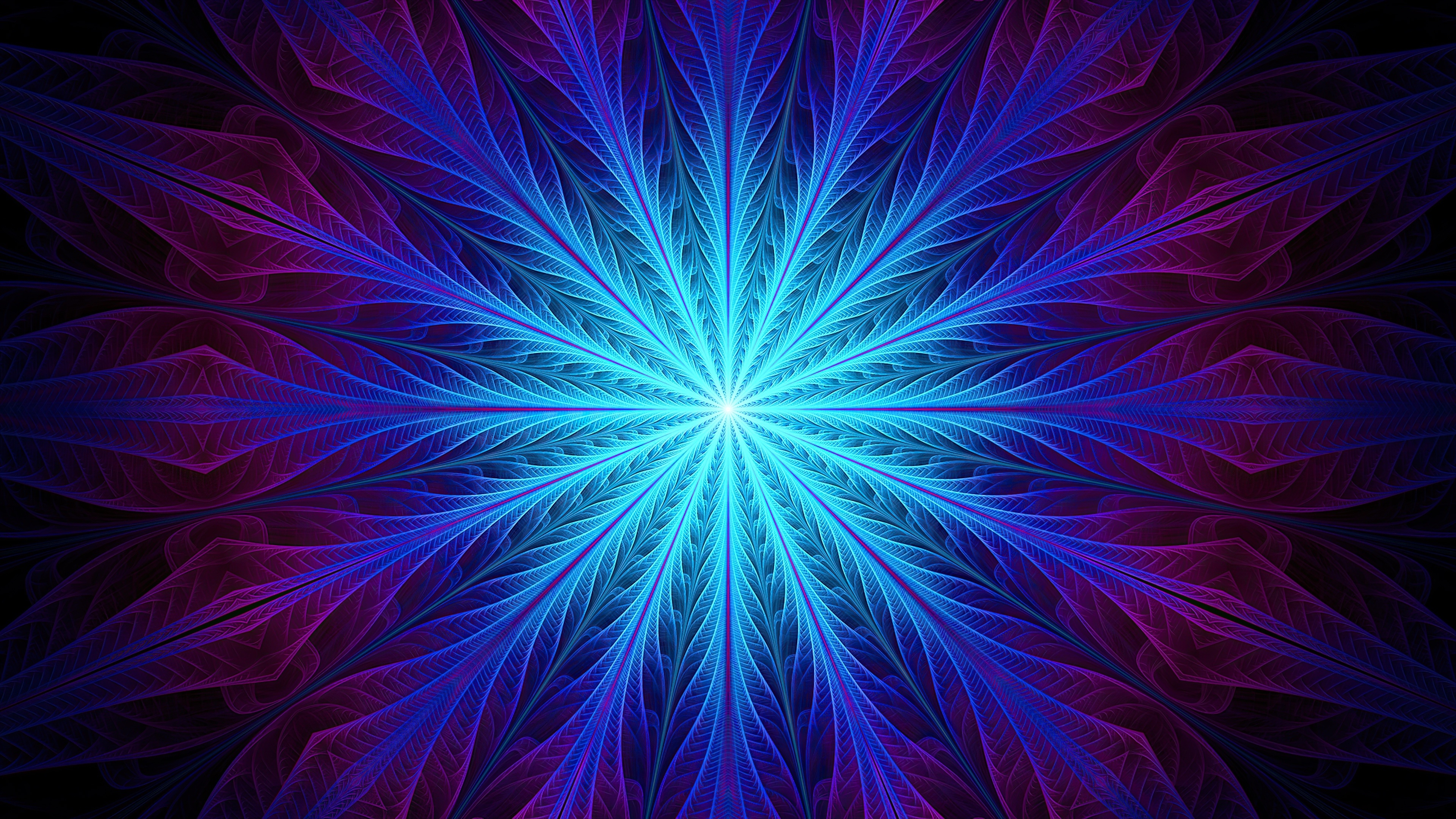 Feather circle, Blue glowing fractal, Shiny design, Abstract art, 3840x2160 4K Desktop
