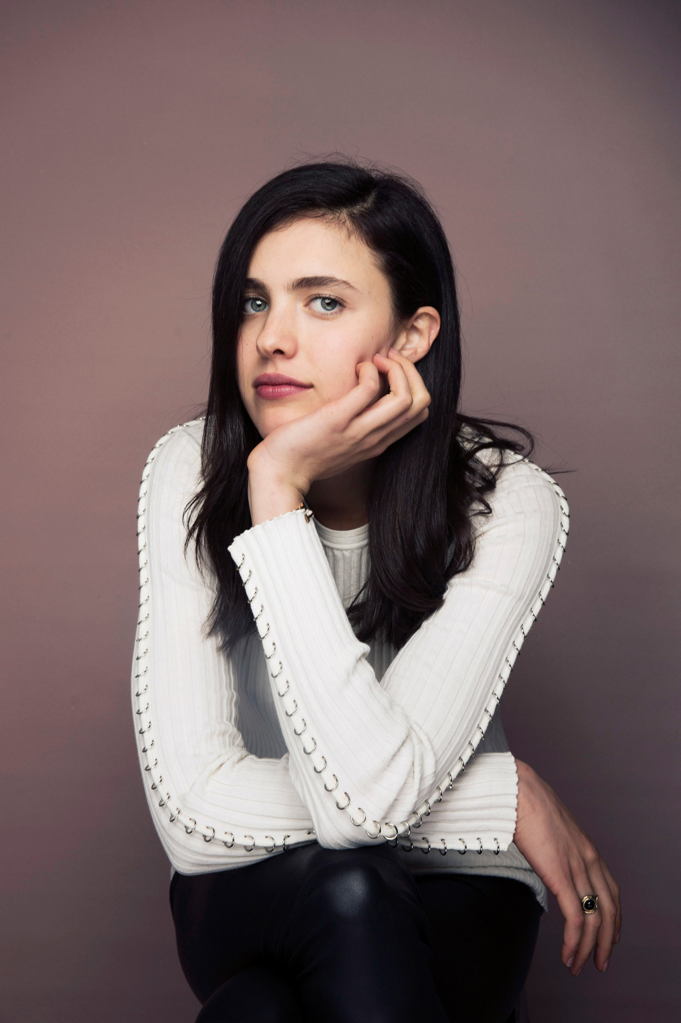 Margaret Qualley, Beautiful eyes, Actress brunette, Simple background, 1340x2000 HD Phone