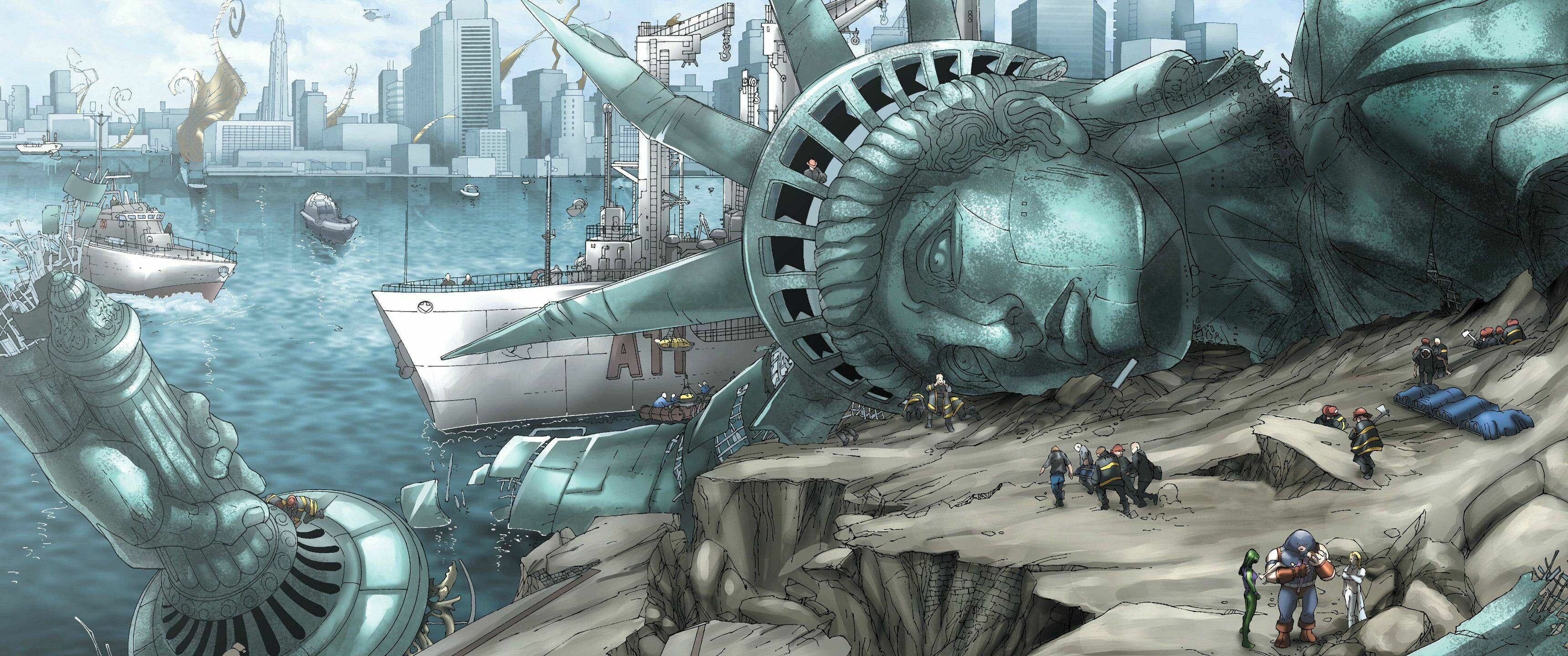 Statue of Liberty: Cartoon, Artwork, Superhero, X-Men, Monument, NY. 3440x1440 Dual Screen Background.
