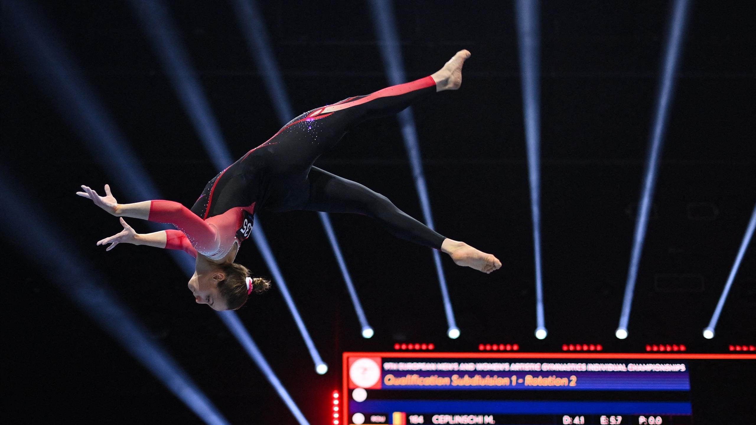 Trampoline gymnastics: Sarah Voss, A German artistic gymnast, The 2019 German all-around national champion. 2560x1440 HD Background.