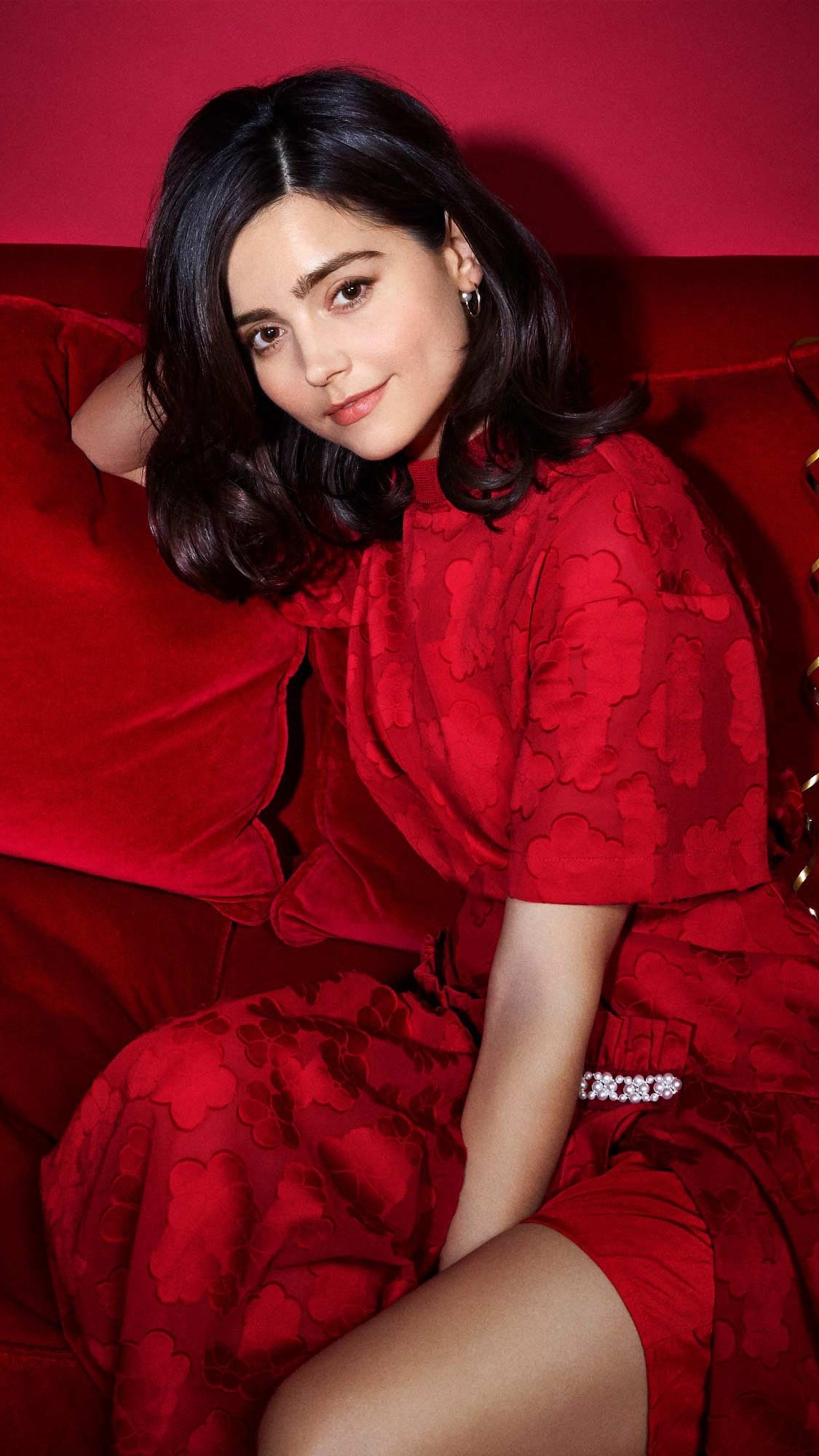 Jenna Coleman, Red dress elegance, Xperia phone wallpapers, High resolution, 2160x3840 4K Handy