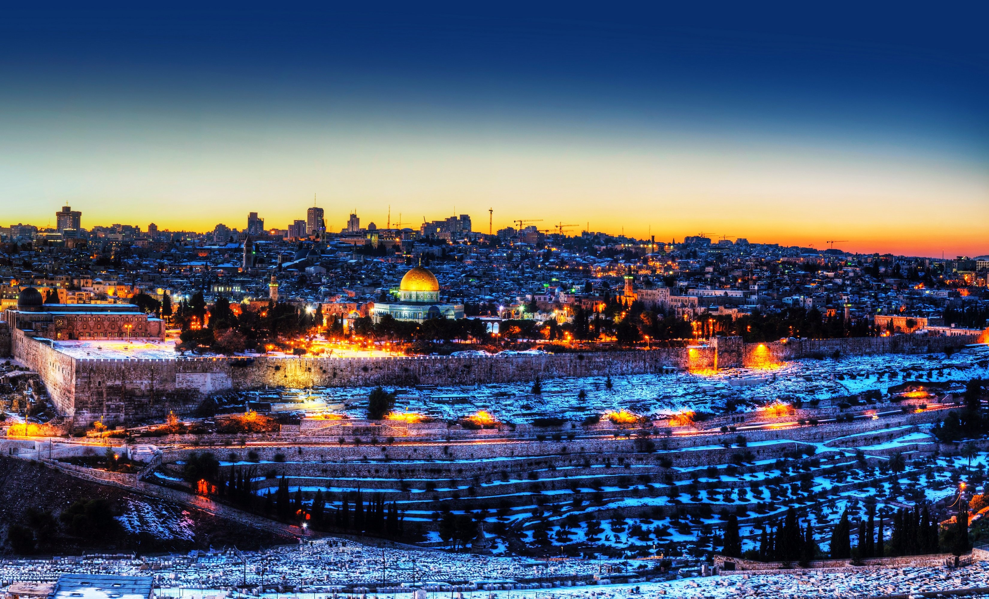 Jerusalem: Israel, Houses, Temples, Winter, Night, Street lights. 3300x2000 HD Wallpaper.