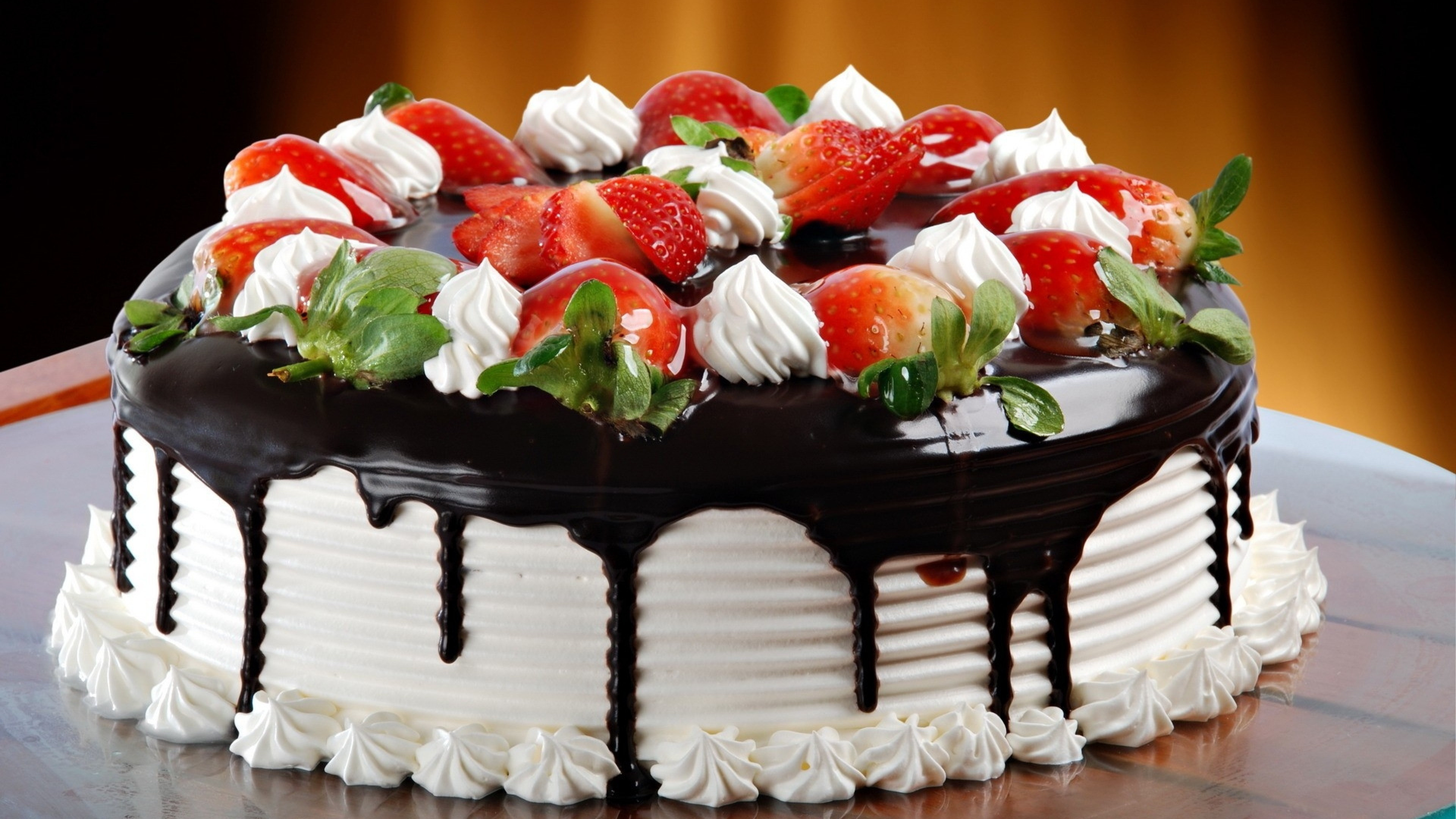 Cake: Fruits, Chocolate, Strawberries, Cream, Dessert, Food. 3840x2160 4K Wallpaper.
