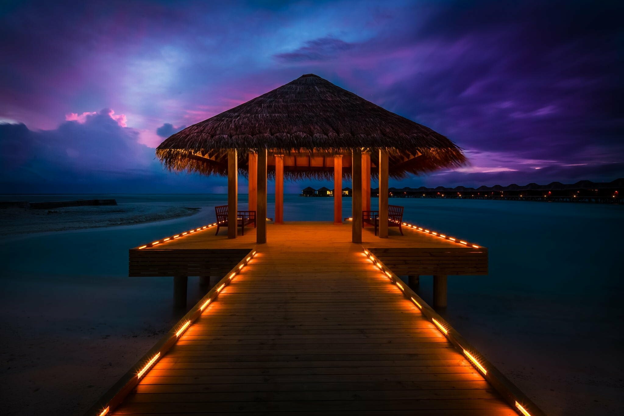Maldives sunset, Ocean lights, Bungalows, HD desktop and mobile backgrounds, 2050x1370 HD Desktop