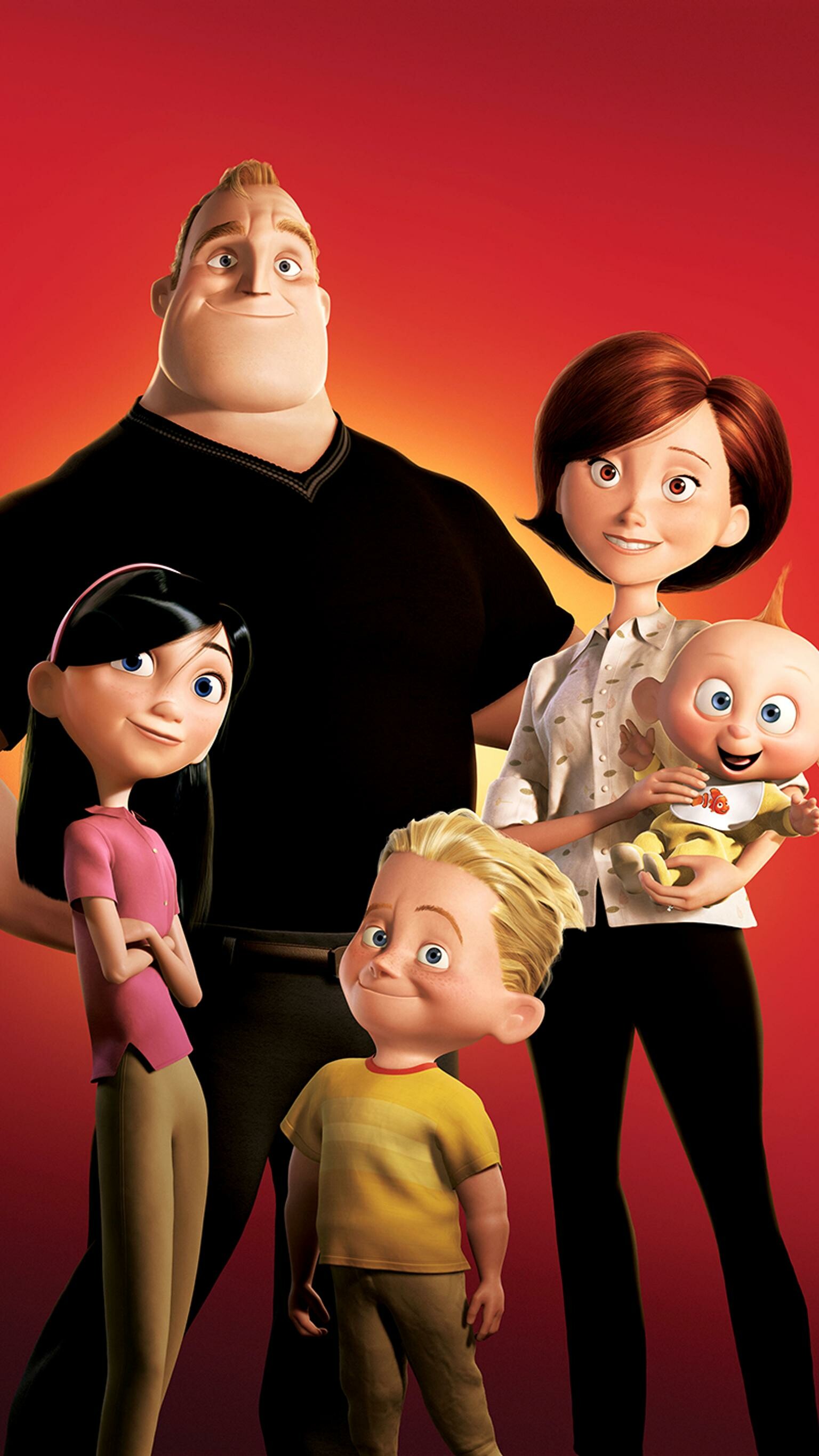 The Incredibles: The Parr family: Bob, Helen, Violet, Dashiell, Jack-Jack, Family team. 1540x2740 HD Background.
