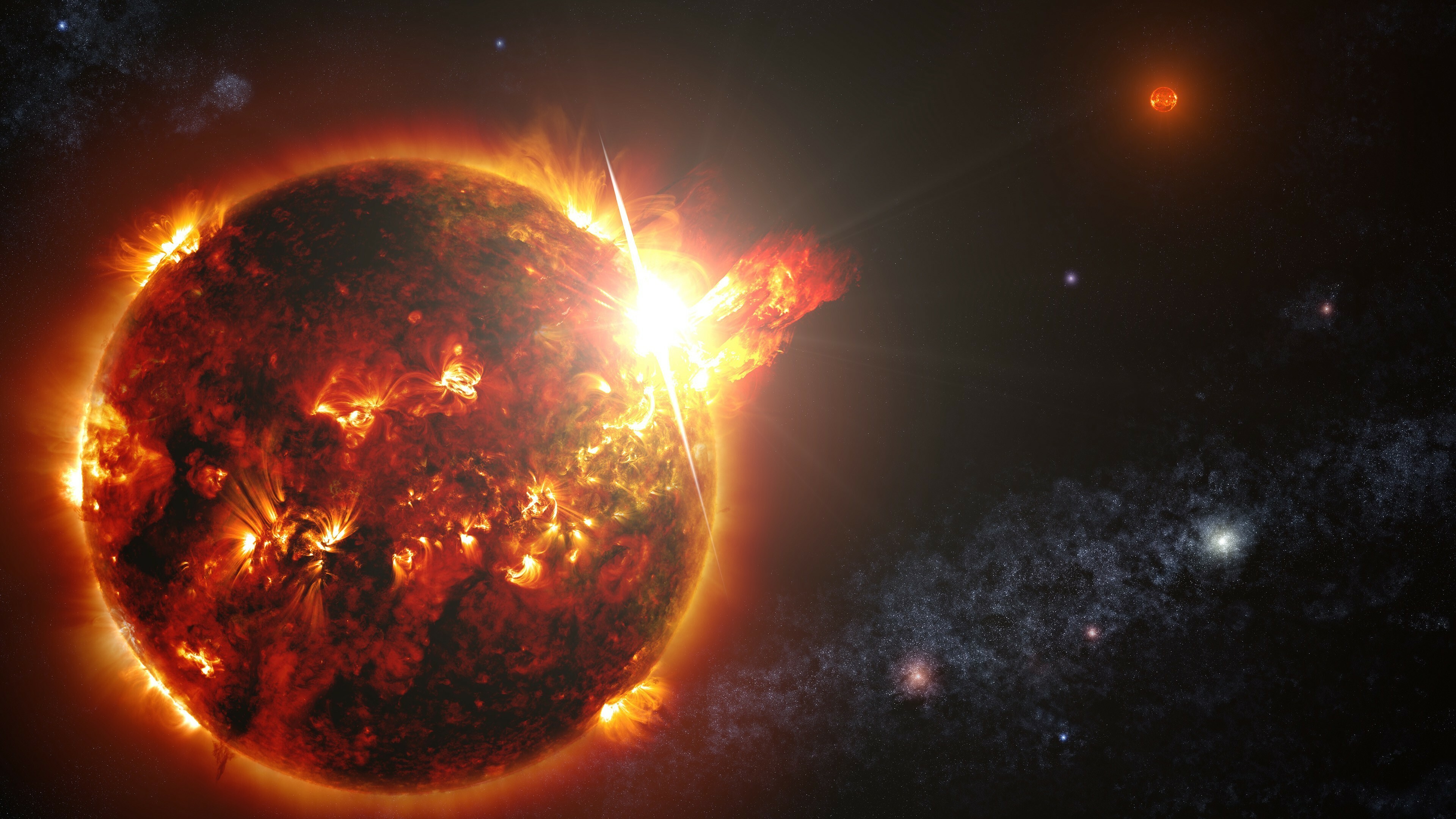 Space sun, Glowing flares, Celestial phenomenon, Cosmic illumination, 3840x2160 4K Desktop
