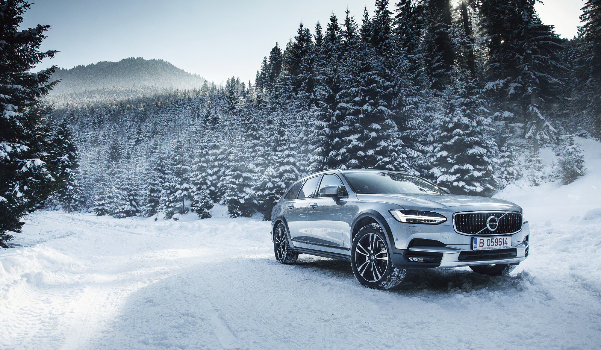 Volvo V90, Car winter nature, Snow pine trees, Wallpaper, 2050x1200 HD Desktop