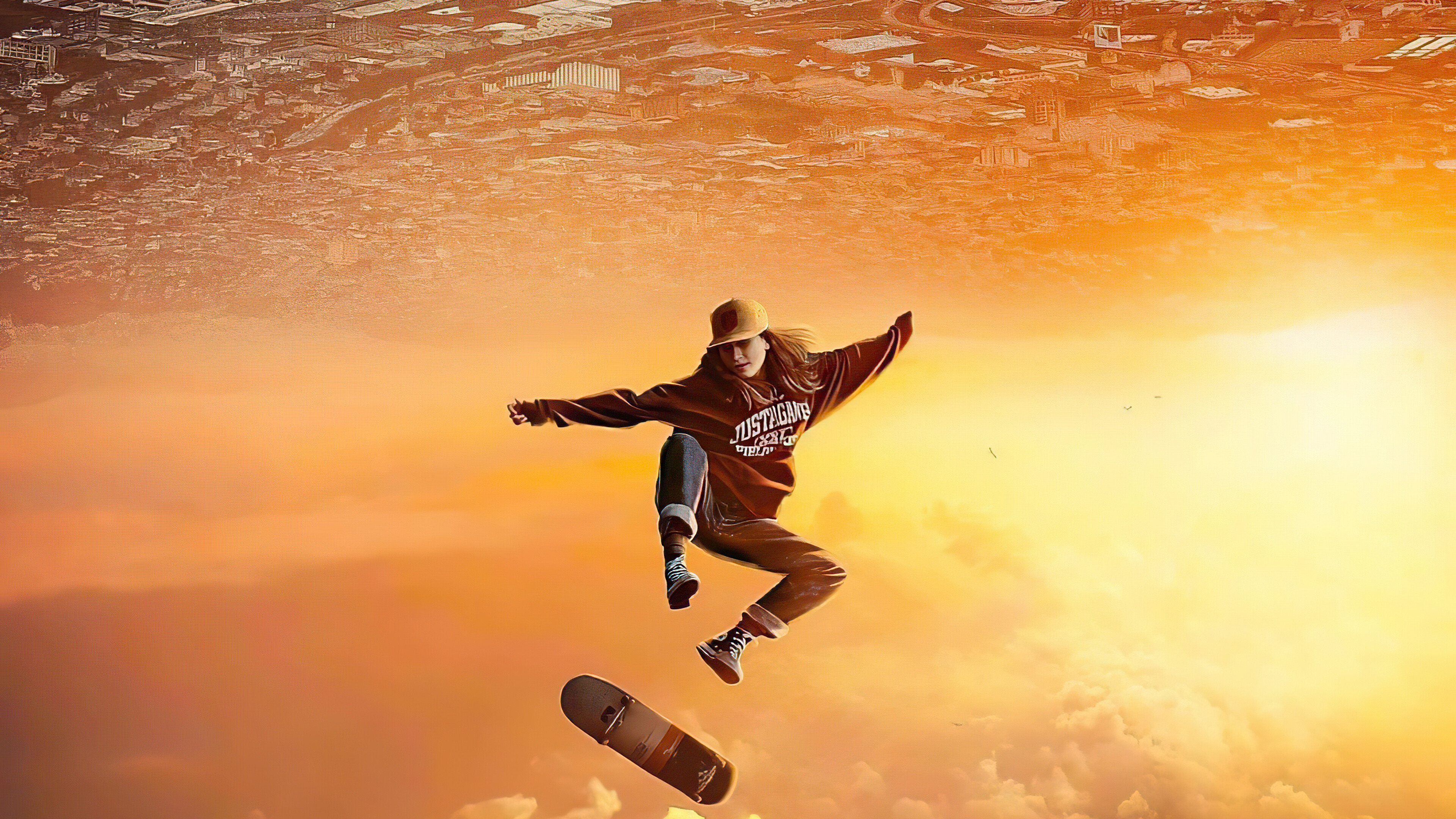 Girl Skateboarding: Skater, Freestyle maneuvers, A skateboarder in mid-flight performing a trick. 3840x2160 4K Wallpaper.